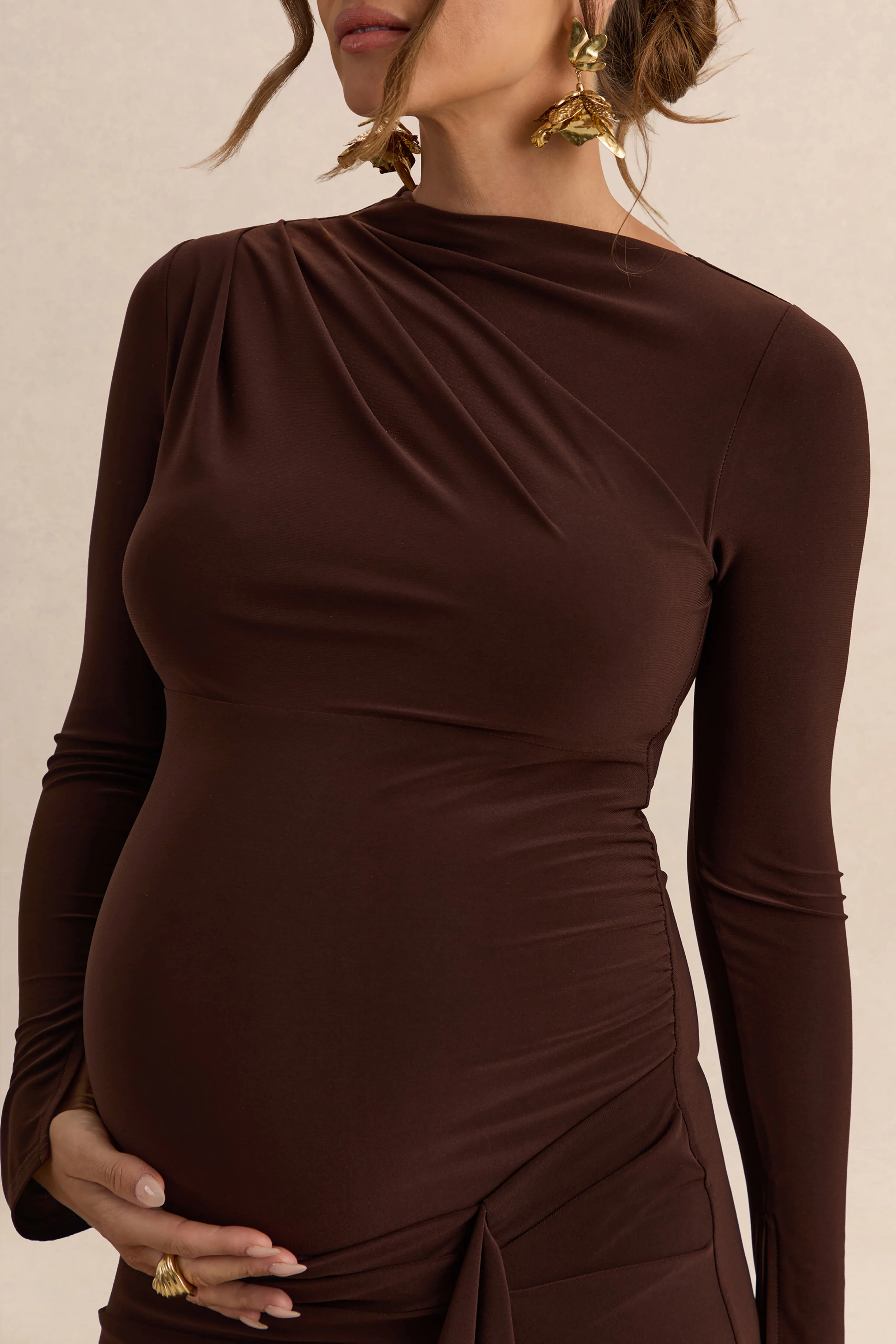Kamira | Dark Brown Round-Neck Maternity Maxi Dress With Gathered Detailing - Image 6