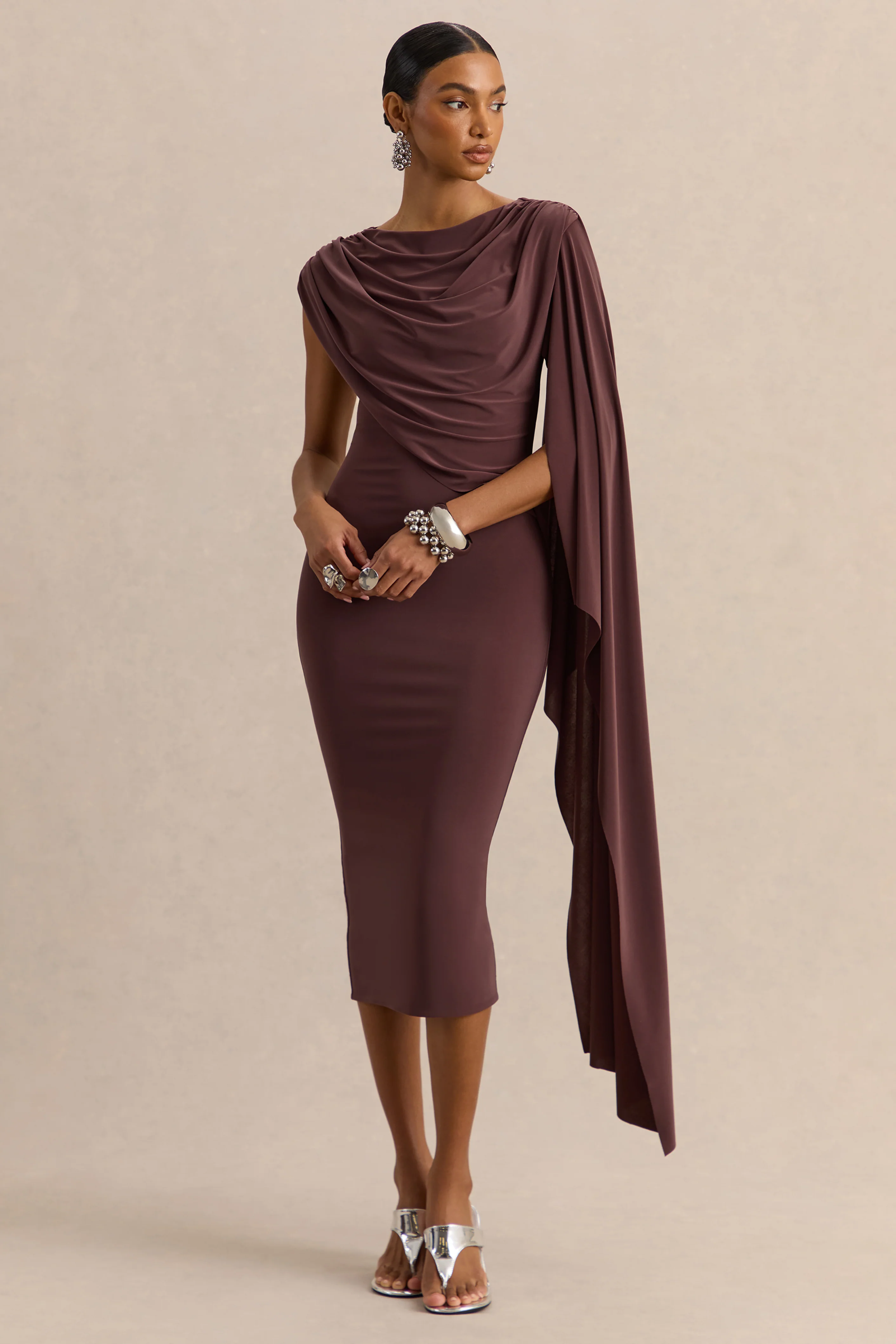 Kamoria | Brown Round-Neck Midi Dress With Cape-Sleeve