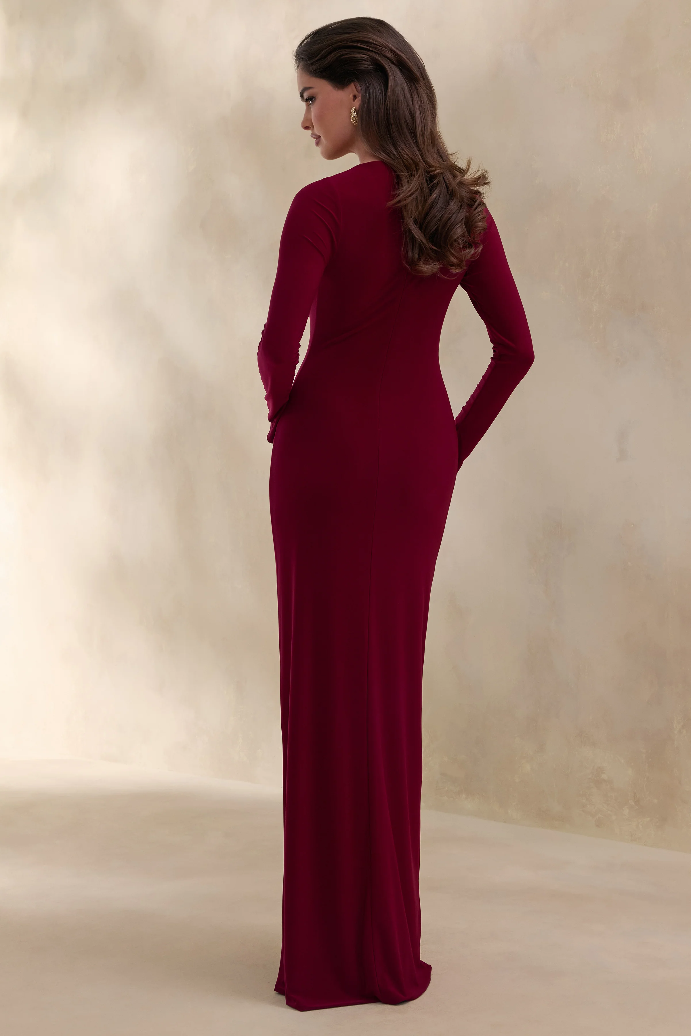Karessa | Berry High-Neck Maxi Dress With Gathered Detailing And Front-High Split - Image 2