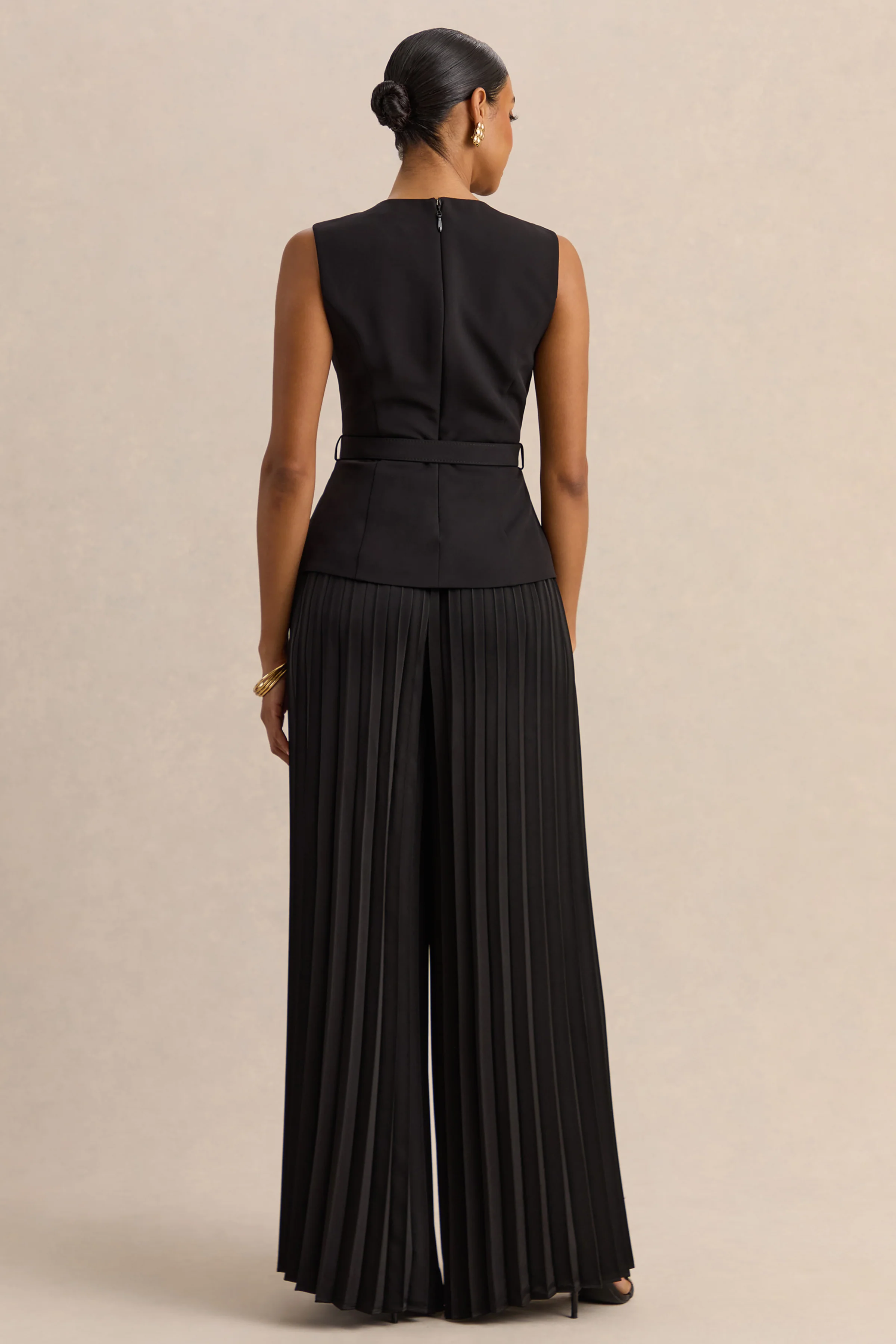 Karienne | Black Round-Neck Top With Belted-Detail - Image 2