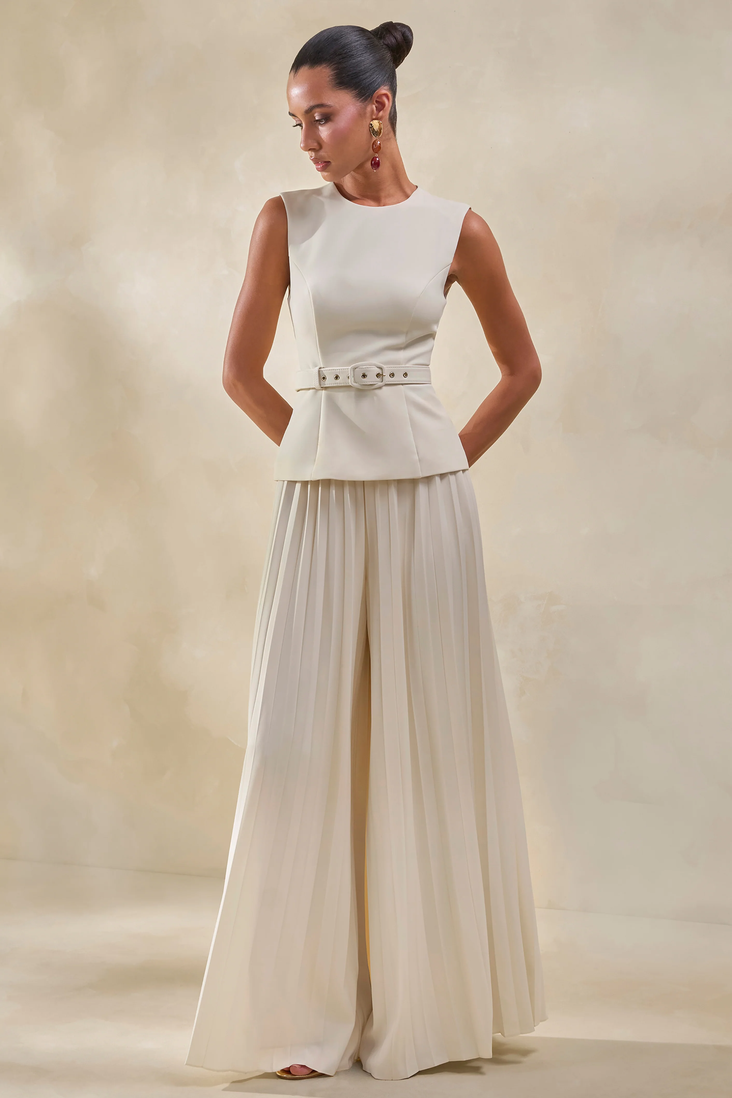 Karienne | Cream Round-Neck Top With Belted-Detail - Image 2