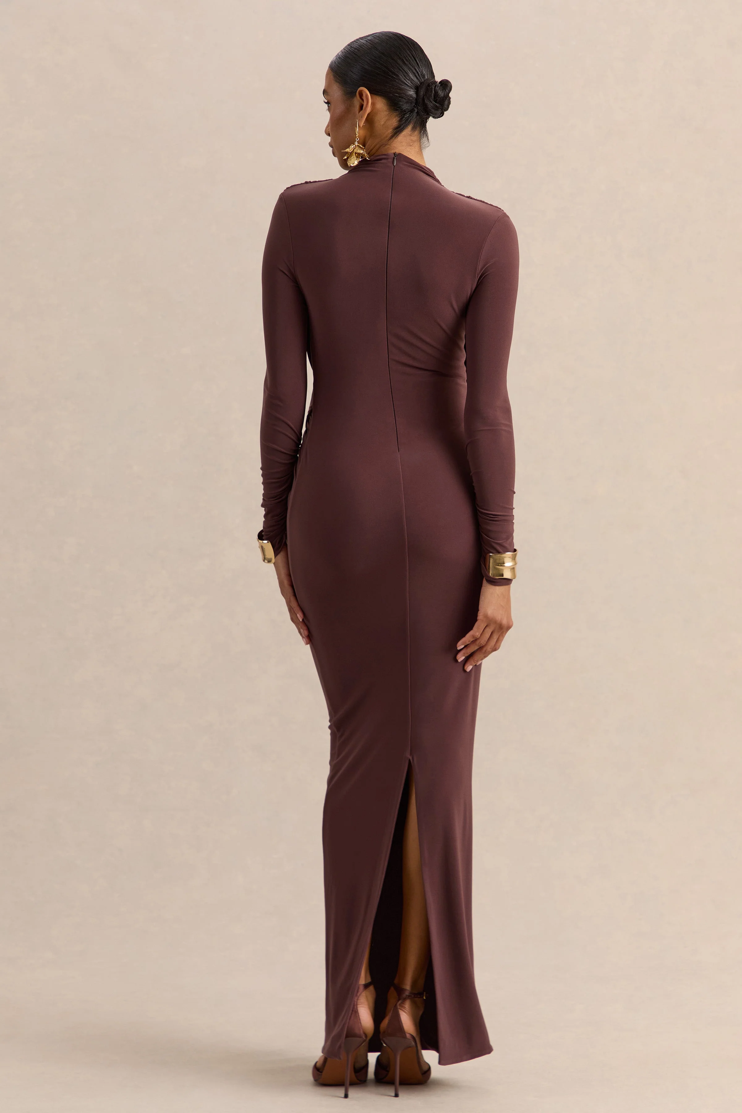 Karinthia | Brown High-Neck Maxi Dress With Draped-Detailing - Image 2