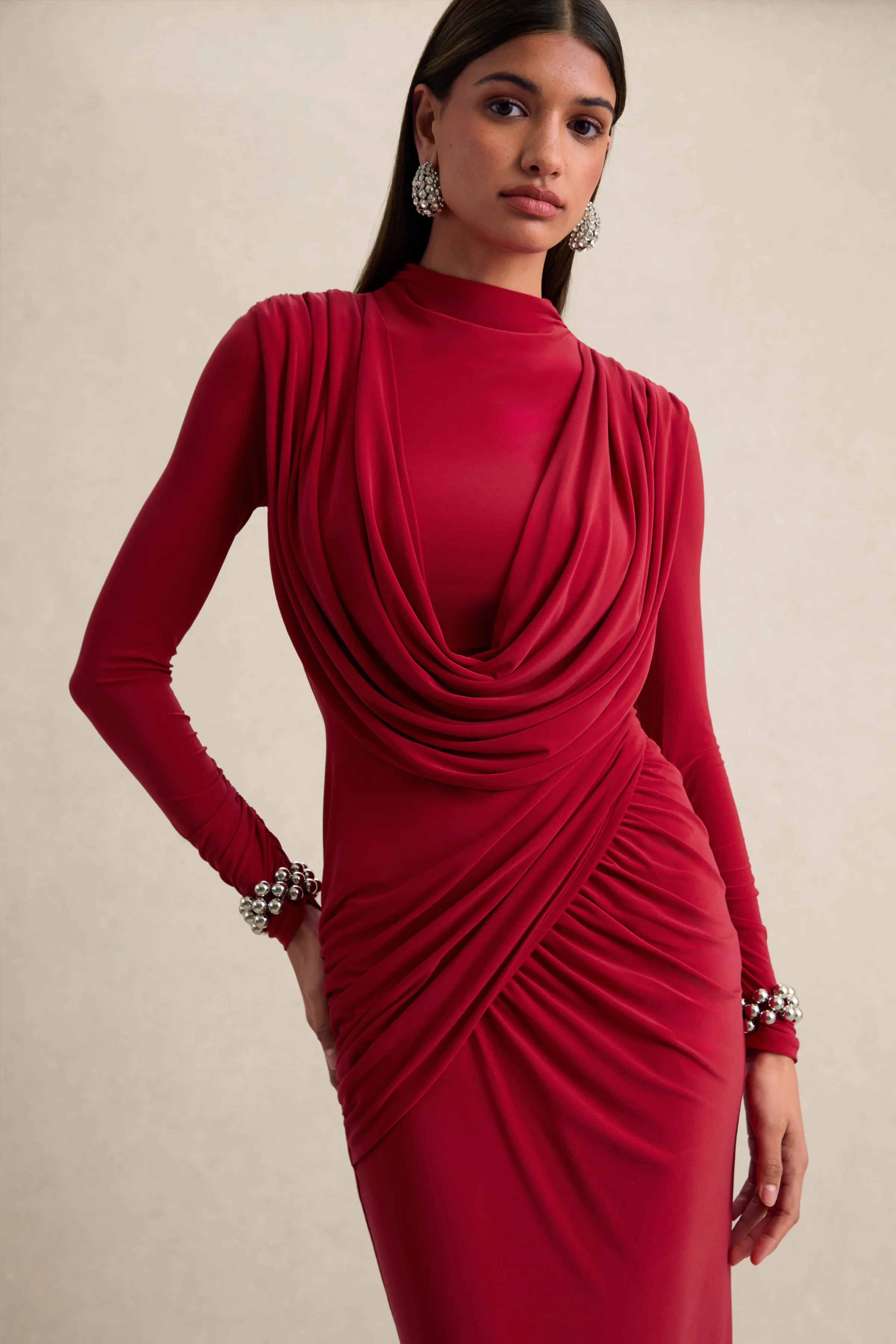 Karinthia | Red High-Neck Maxi Dress With Draped-Detailing - Image 3