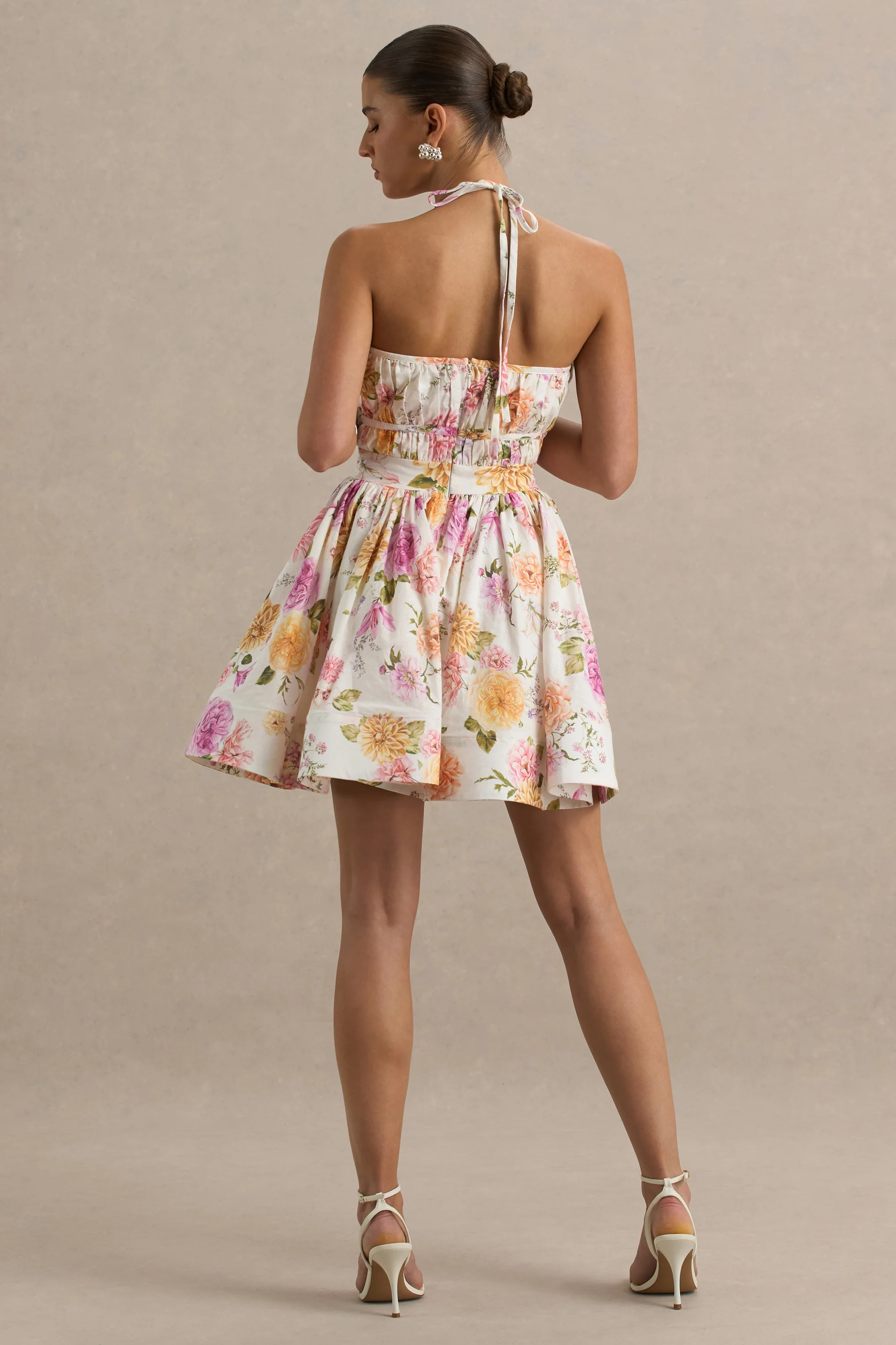 Kasey | Cream Floral Print Halter-Neck Mini Dress With Ruffle Detail - Image 3