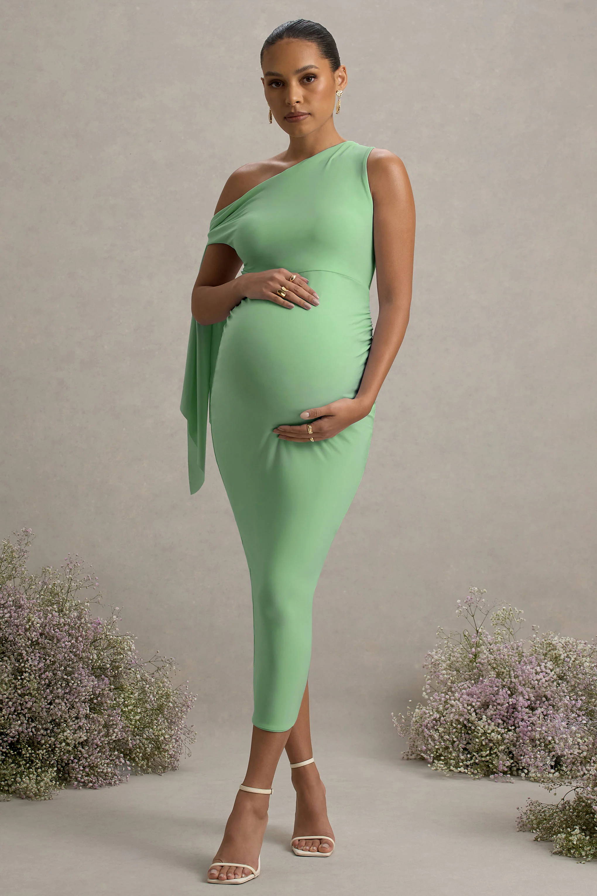 Katarine | Light Green Asymmetric Knot Maternity Midi Dress - Image 4