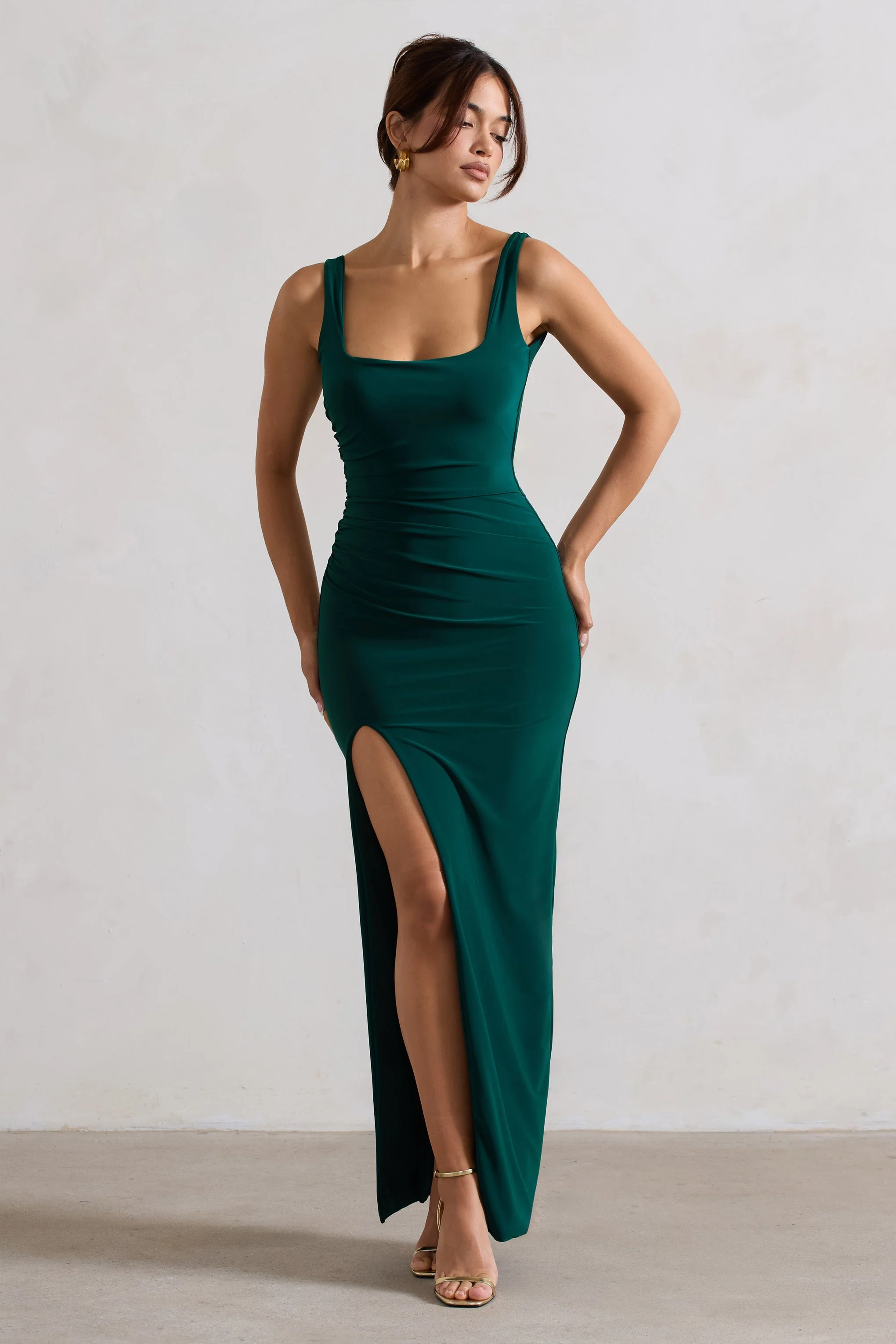 Kate | Bottle Green Square Neck Maxi Dress with Plunge Back and Side Thigh Split - Image 4