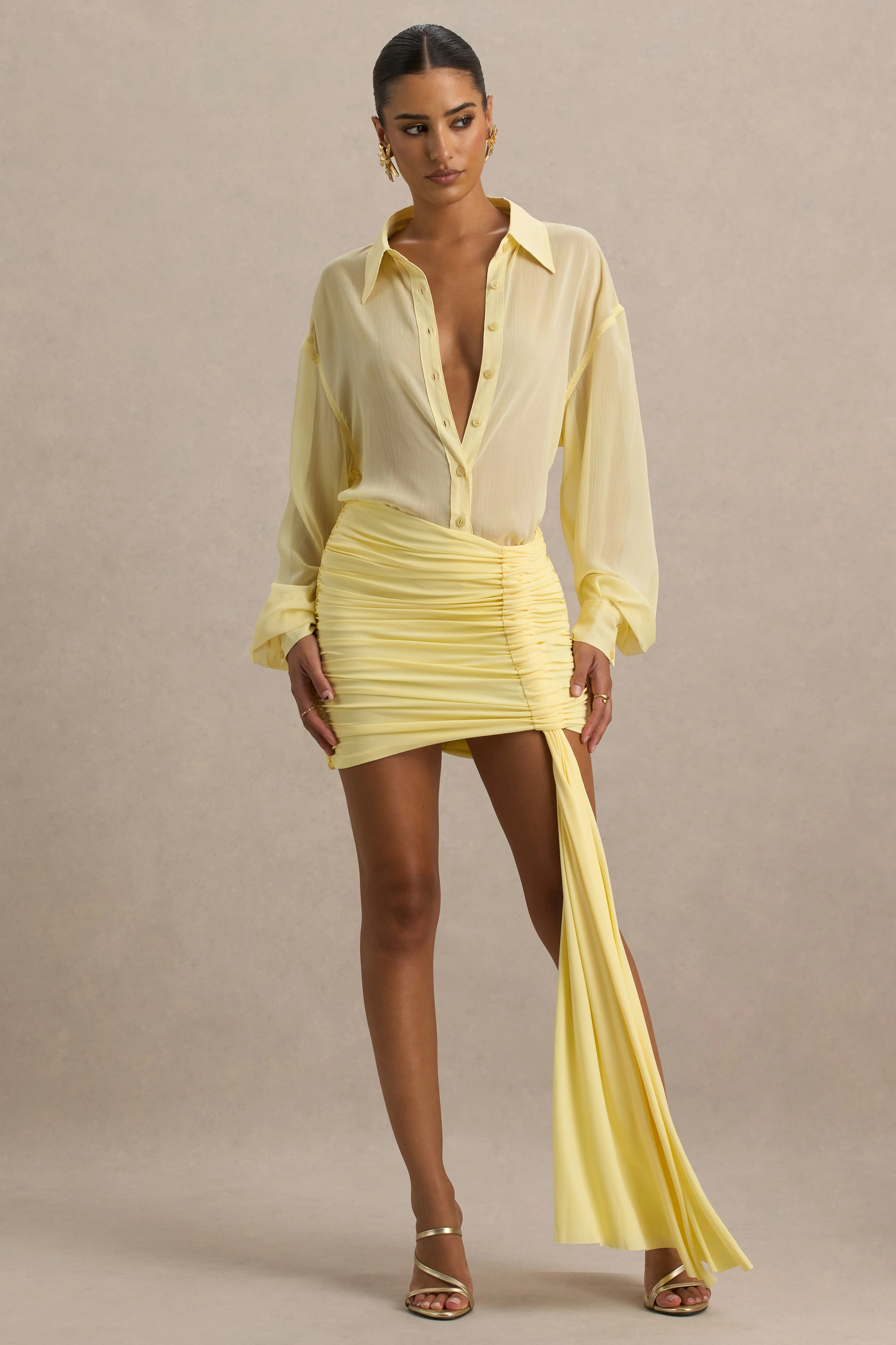 Katelyn | Lemon Ruched Wrap Mini Skirt With Sash - Image 4