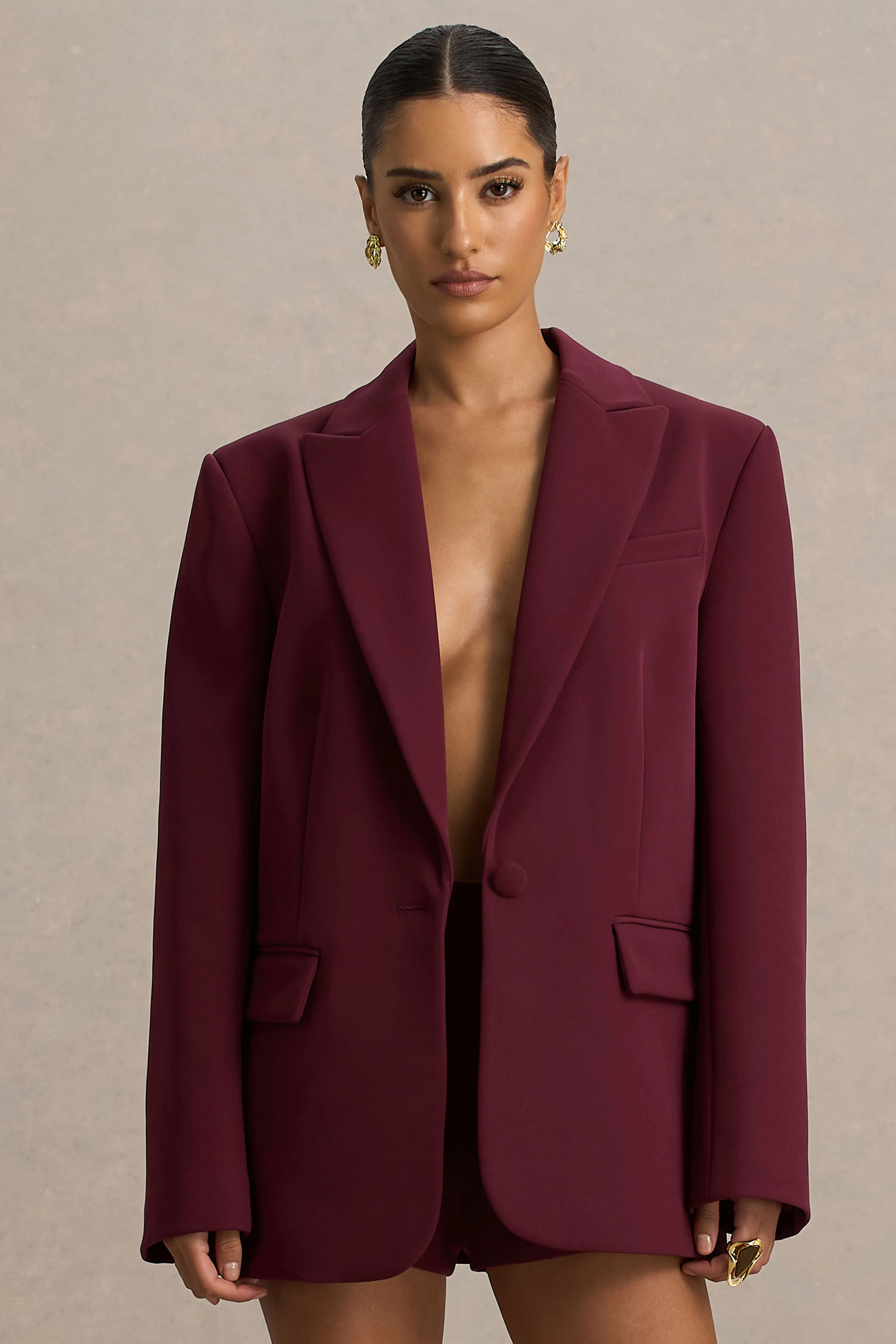 Katherine | Burgundy Plunge-Neck Oversized Blazer - Image 4
