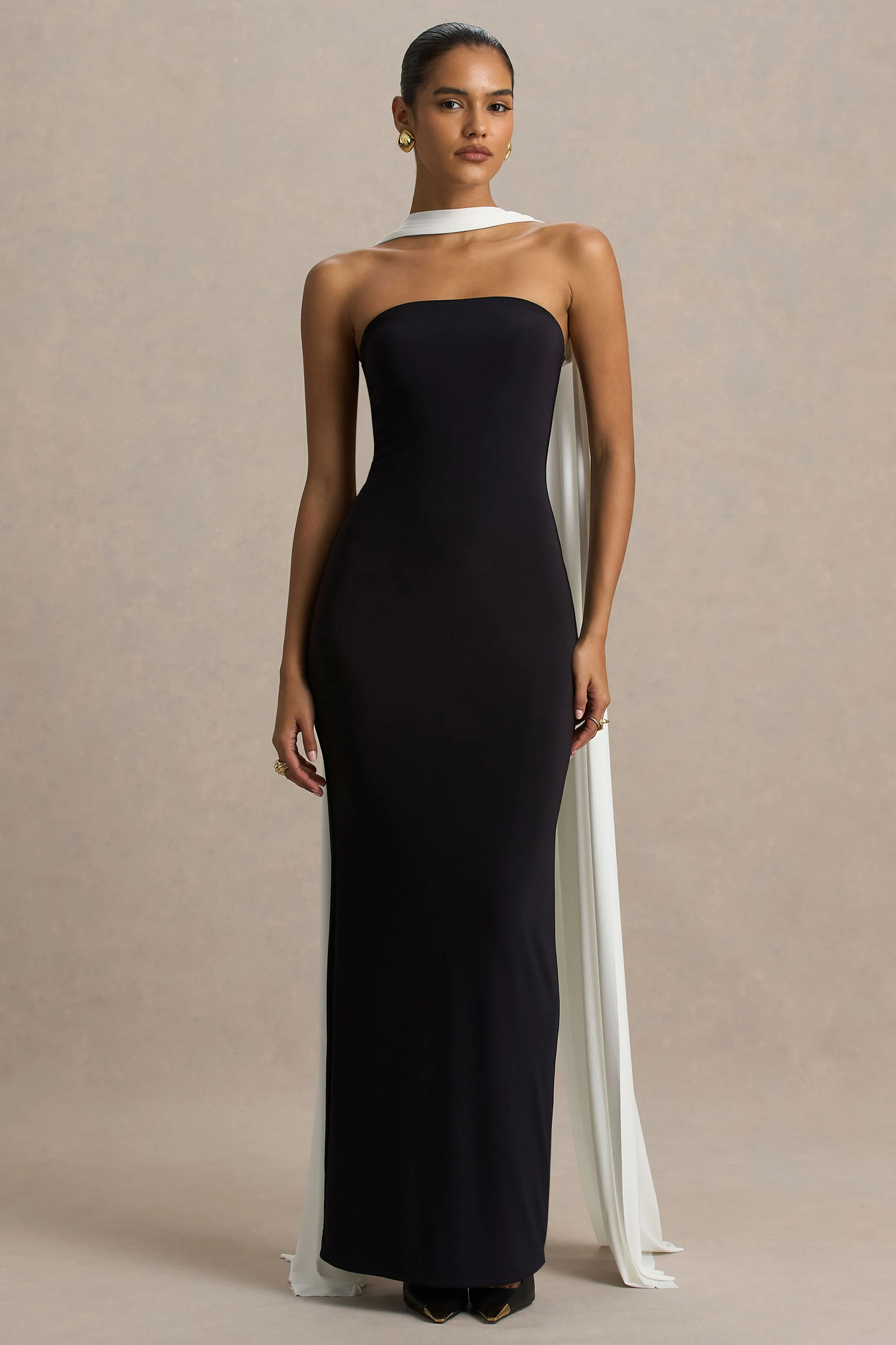 Kelilah | Black And White Bandeau Maxi Dress With Scarf Detail - Image 4