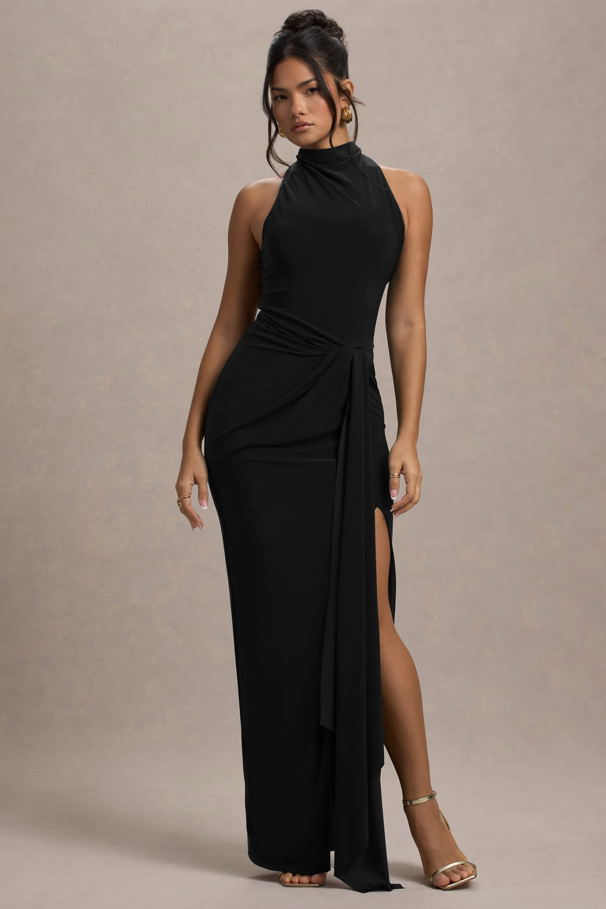 Khari | Black High-Neck Twisted Maxi Dress With Drape - Image 6