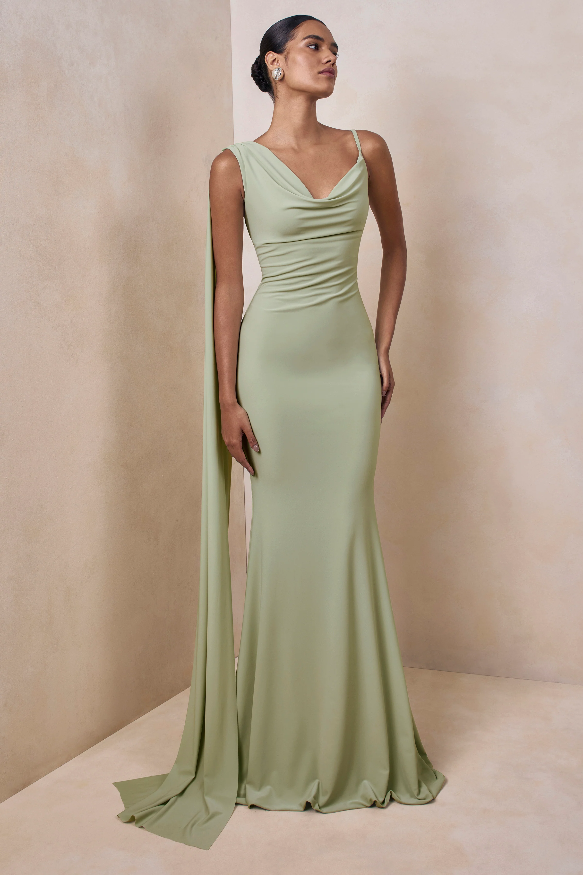 Kenza | Mint Asymmetric-Neck Maxi Dress With Scarf-Detail - Image 5