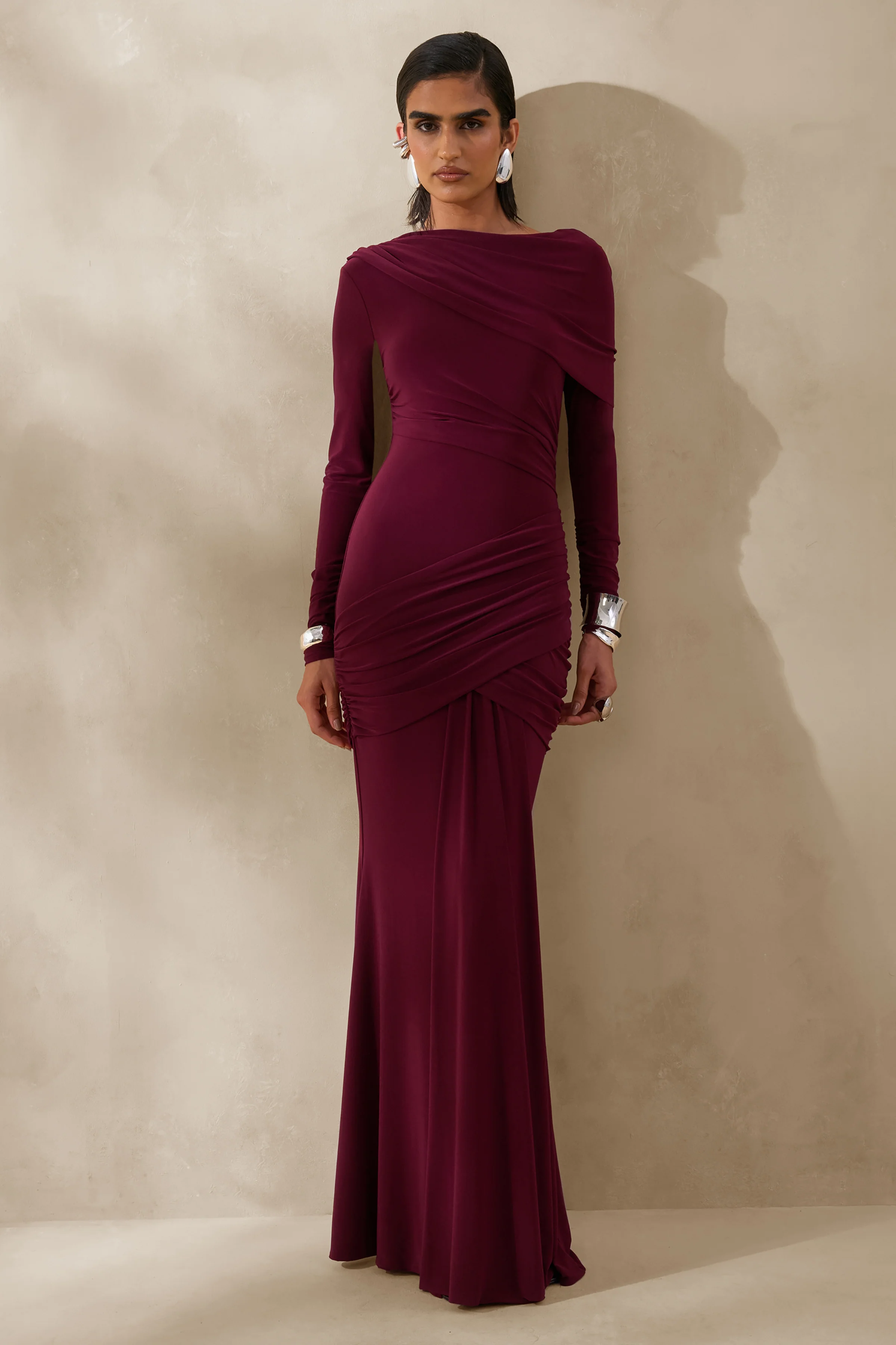 Kessara | Burgundy Asymmetric-Neck Maxi Dress With Sash And Gathered-Detailing - Image 4