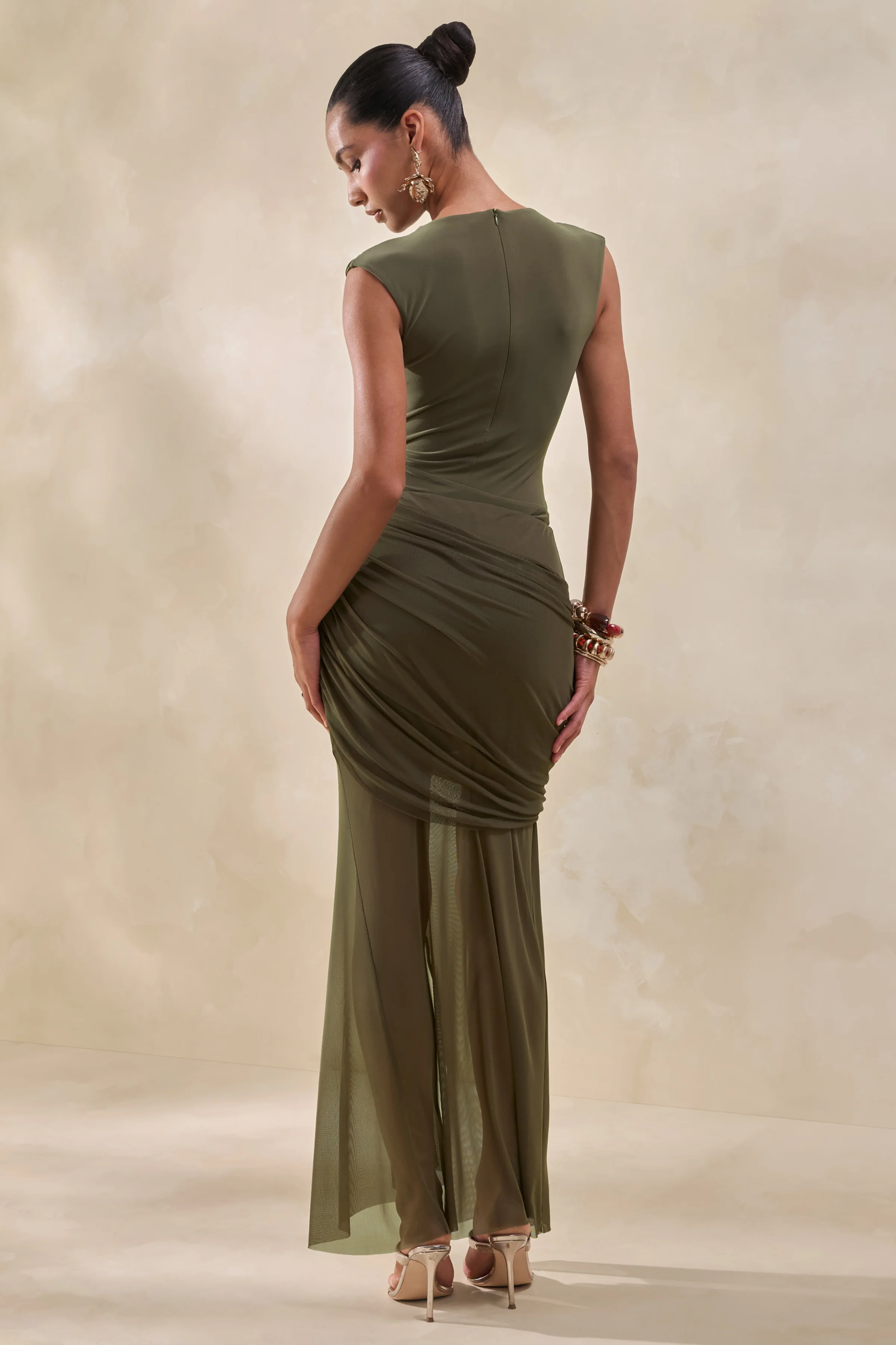 Kessia | Khaki Wide-Neck Thong Bodysuit With Mesh Detail - Image 3