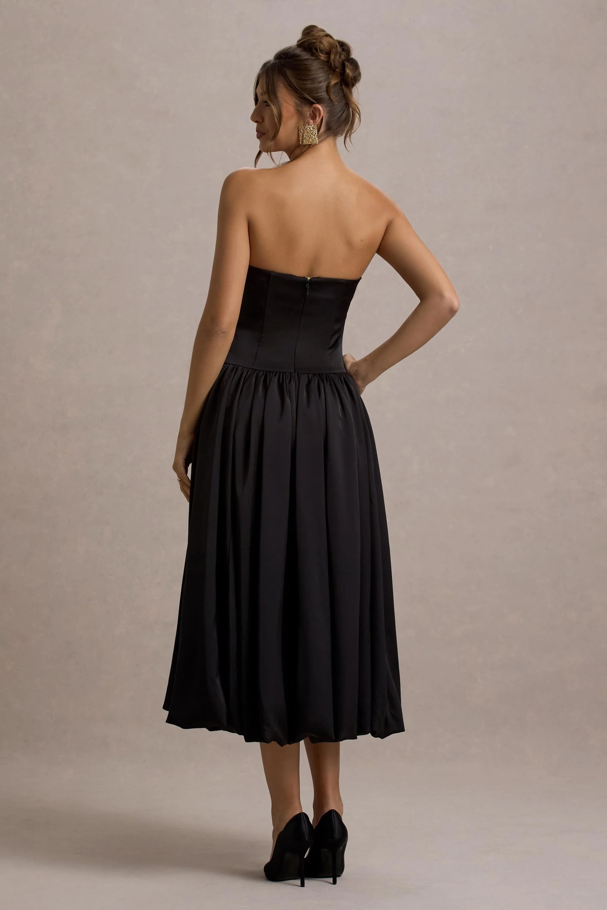 Keyton | Black Satin Bandeau Midi Dress - Image 2