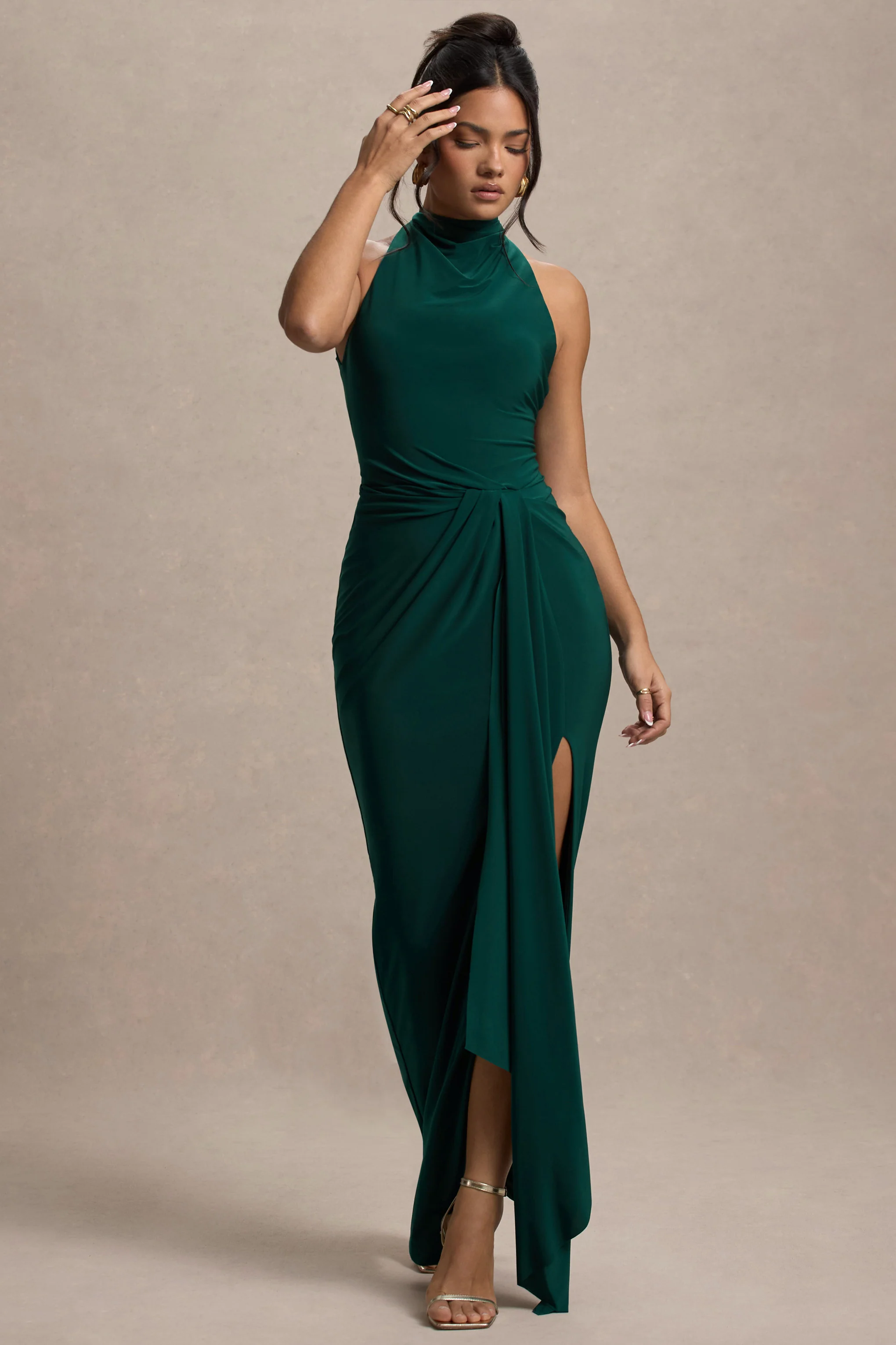 Khari | Bottle Green High-Neck Twisted Maxi Dress With Drape - Image 5