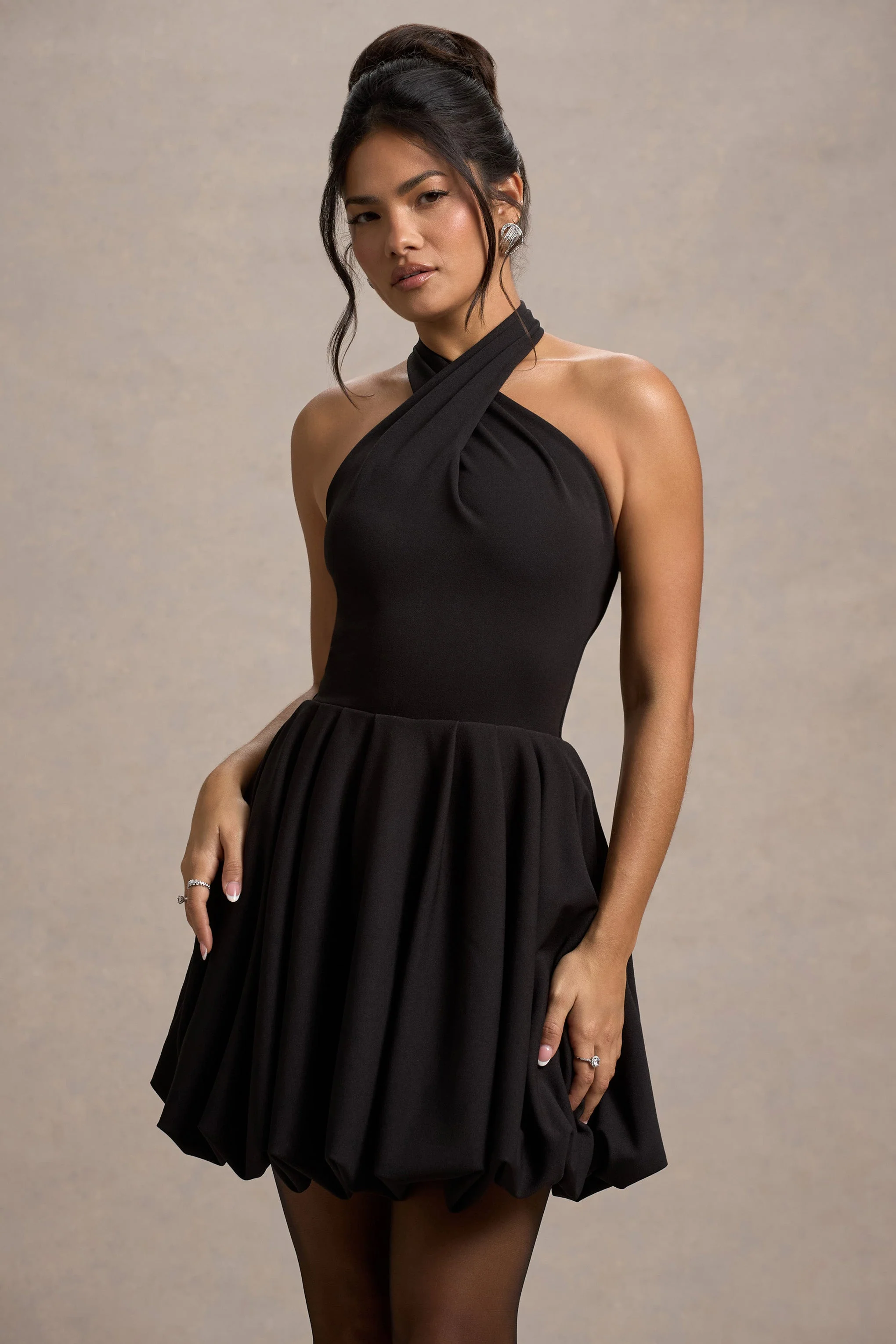 Klytie | Black Halter-Neck Mini Dress With Puff-Ball Skirt - Image 3