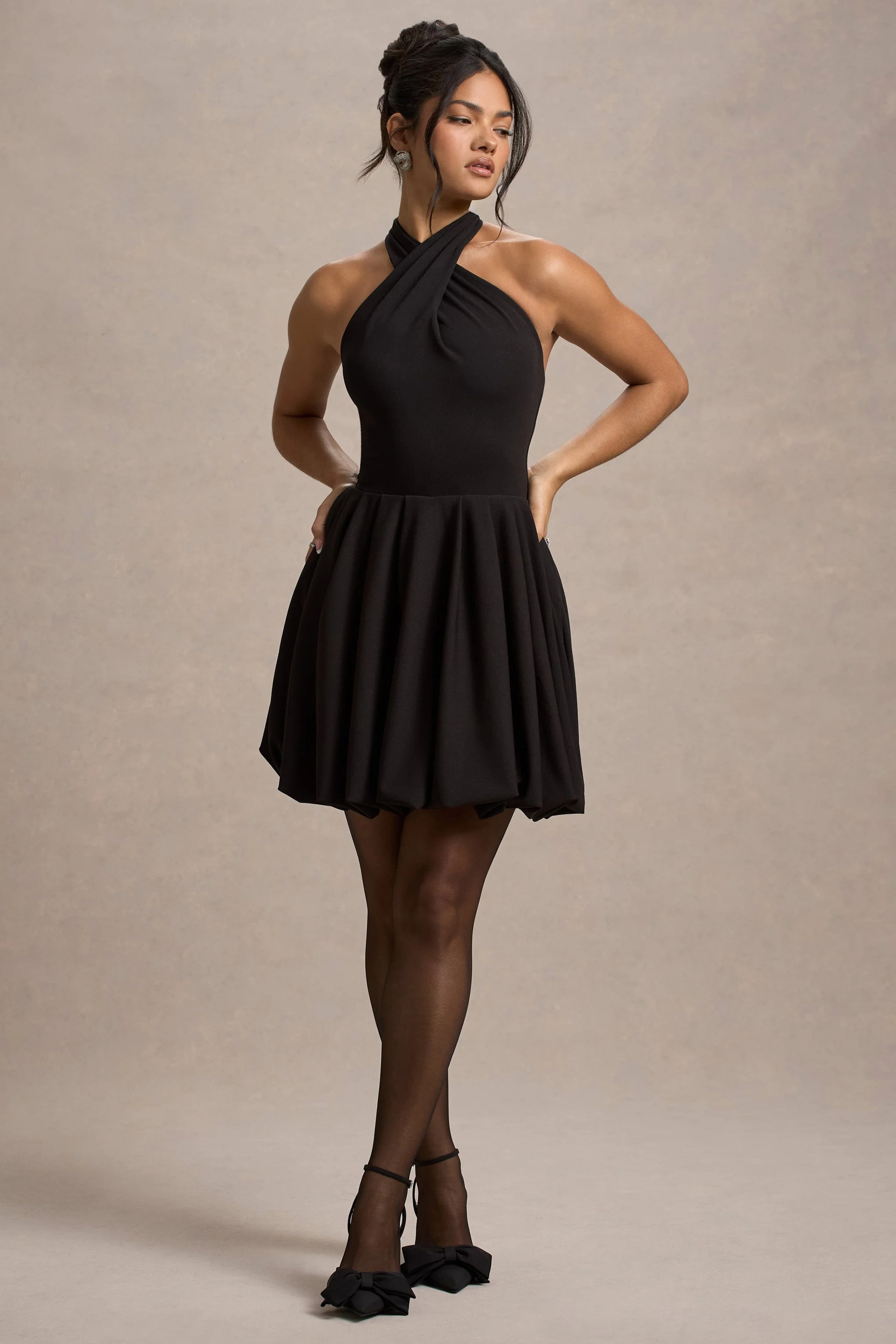 Klytie | Black Halter-Neck Mini Dress With Puff-Ball Skirt - Image 5