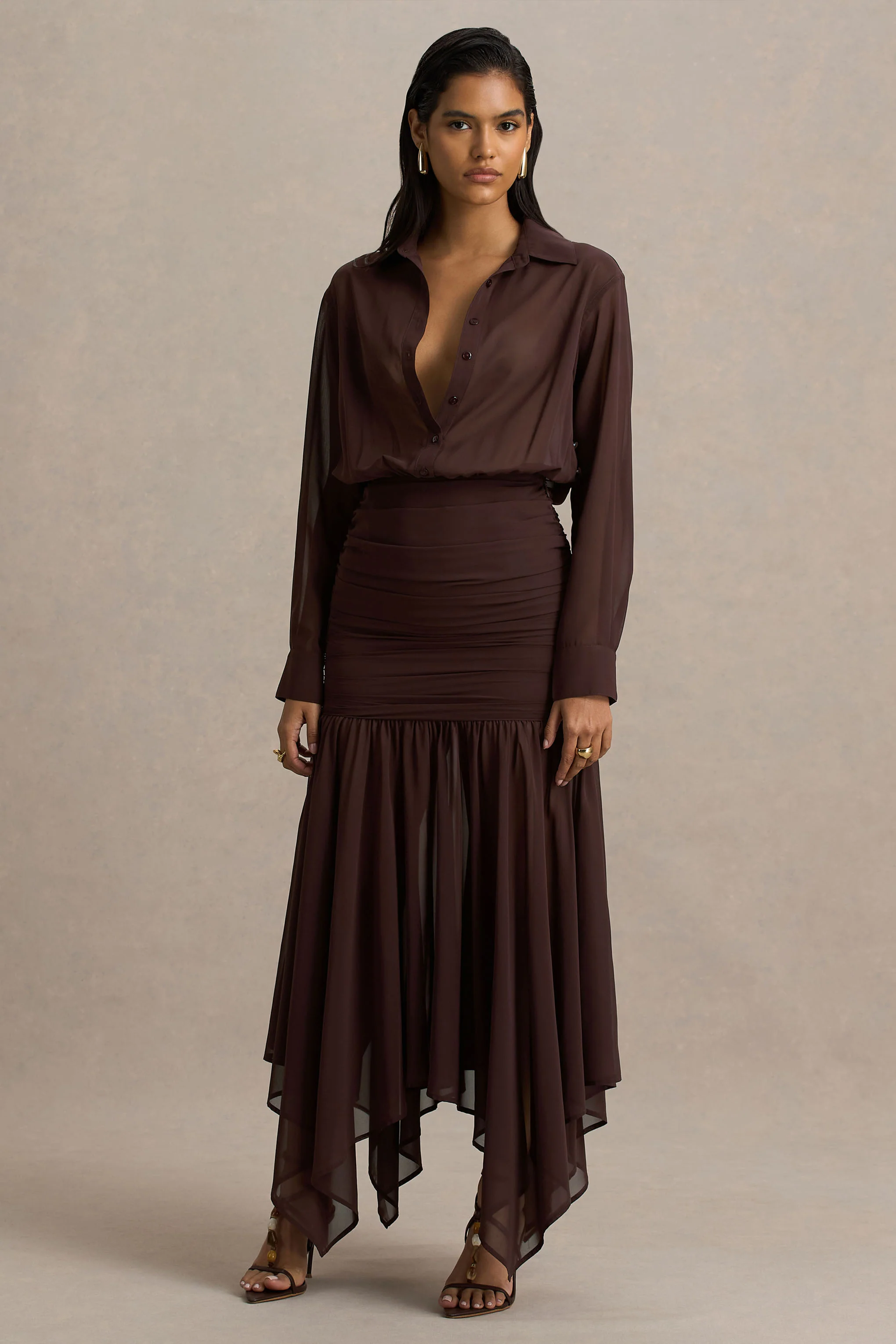 Kris | Brown Plunge-Neck Maxi Dress With Ruched Detailing - Image 3