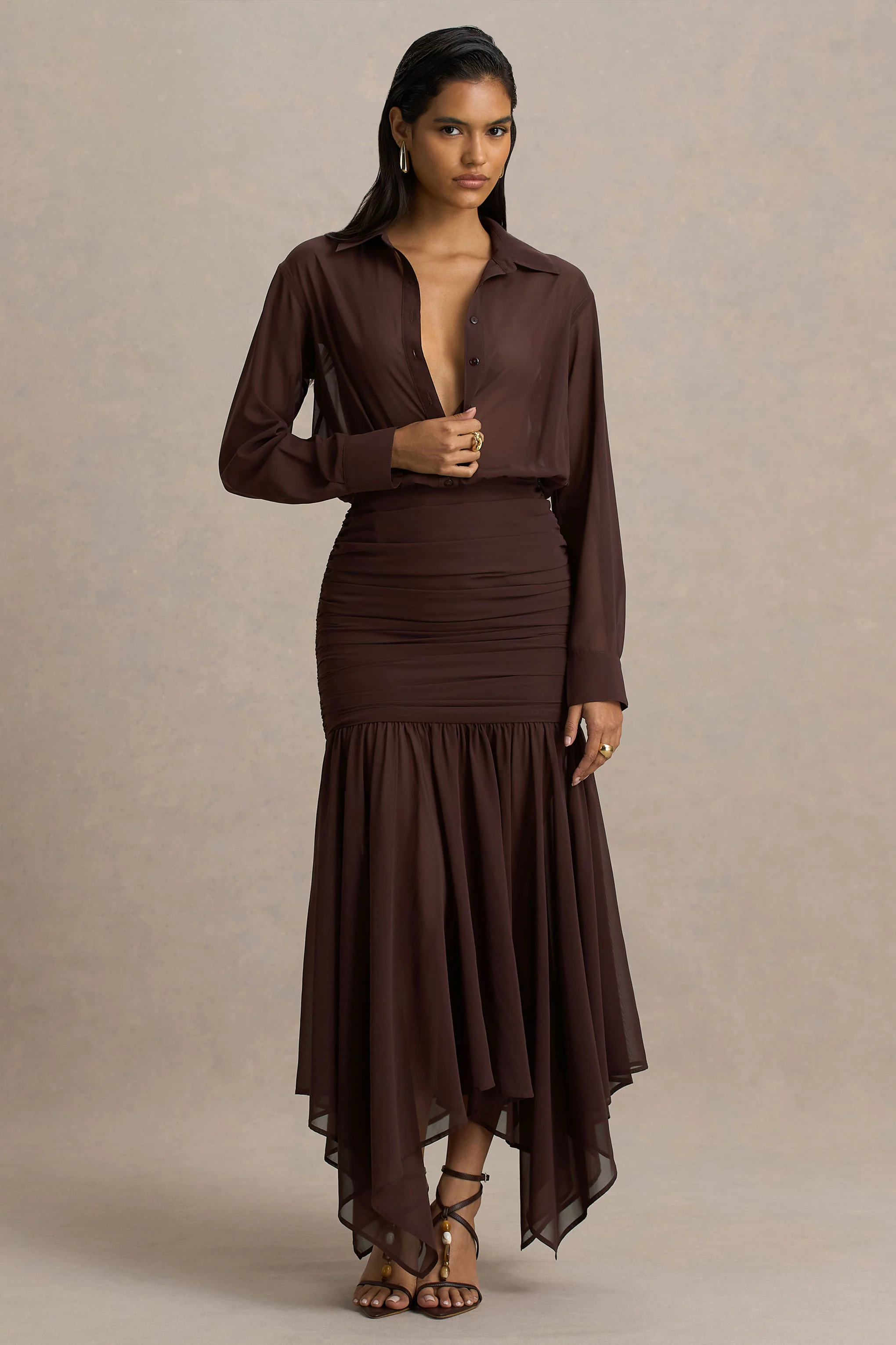 Kris | Brown Plunge-Neck Maxi Dress With Ruched Detailing - Image 5