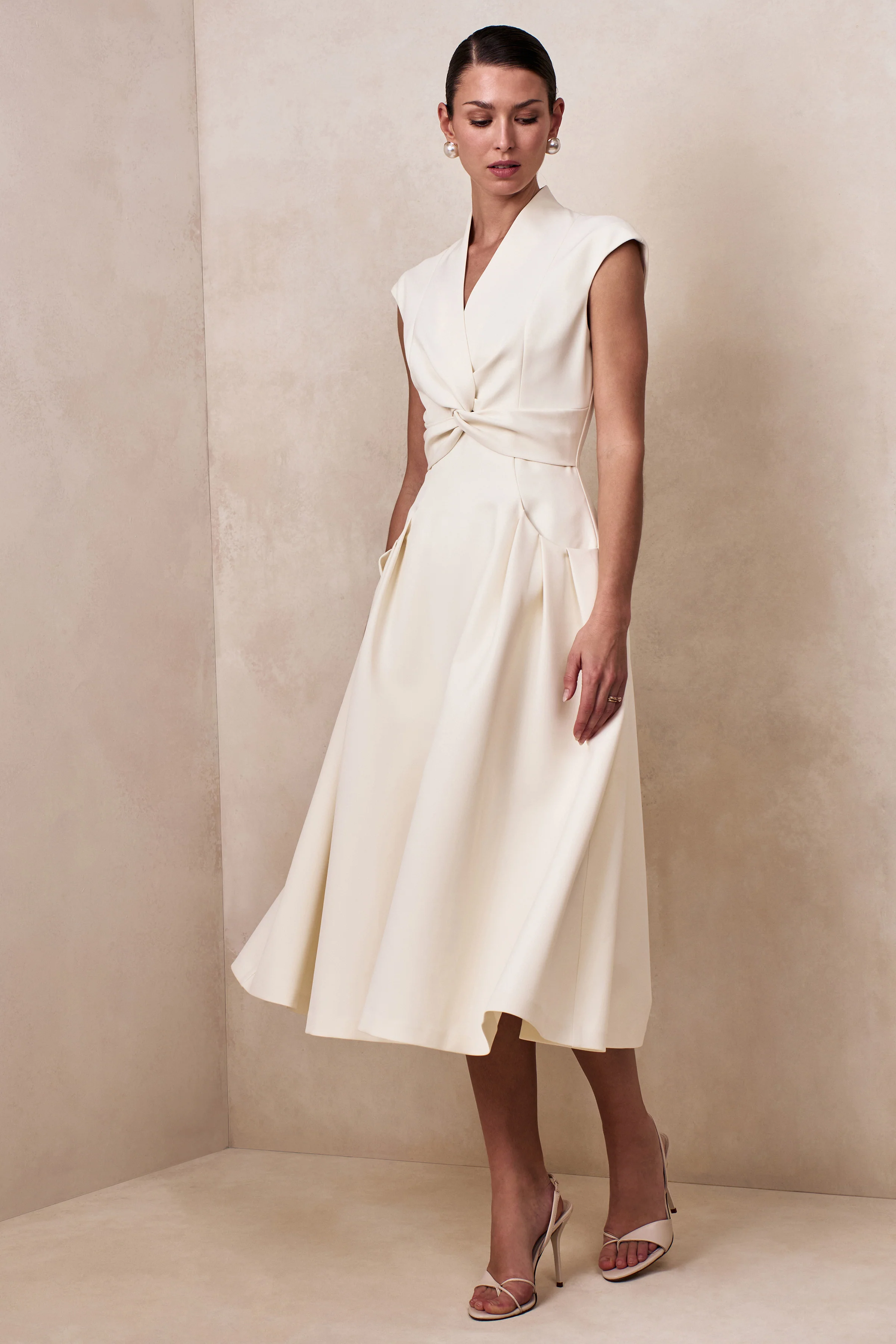 Kylen | Cream V-Neck Midi Dress - Image 4