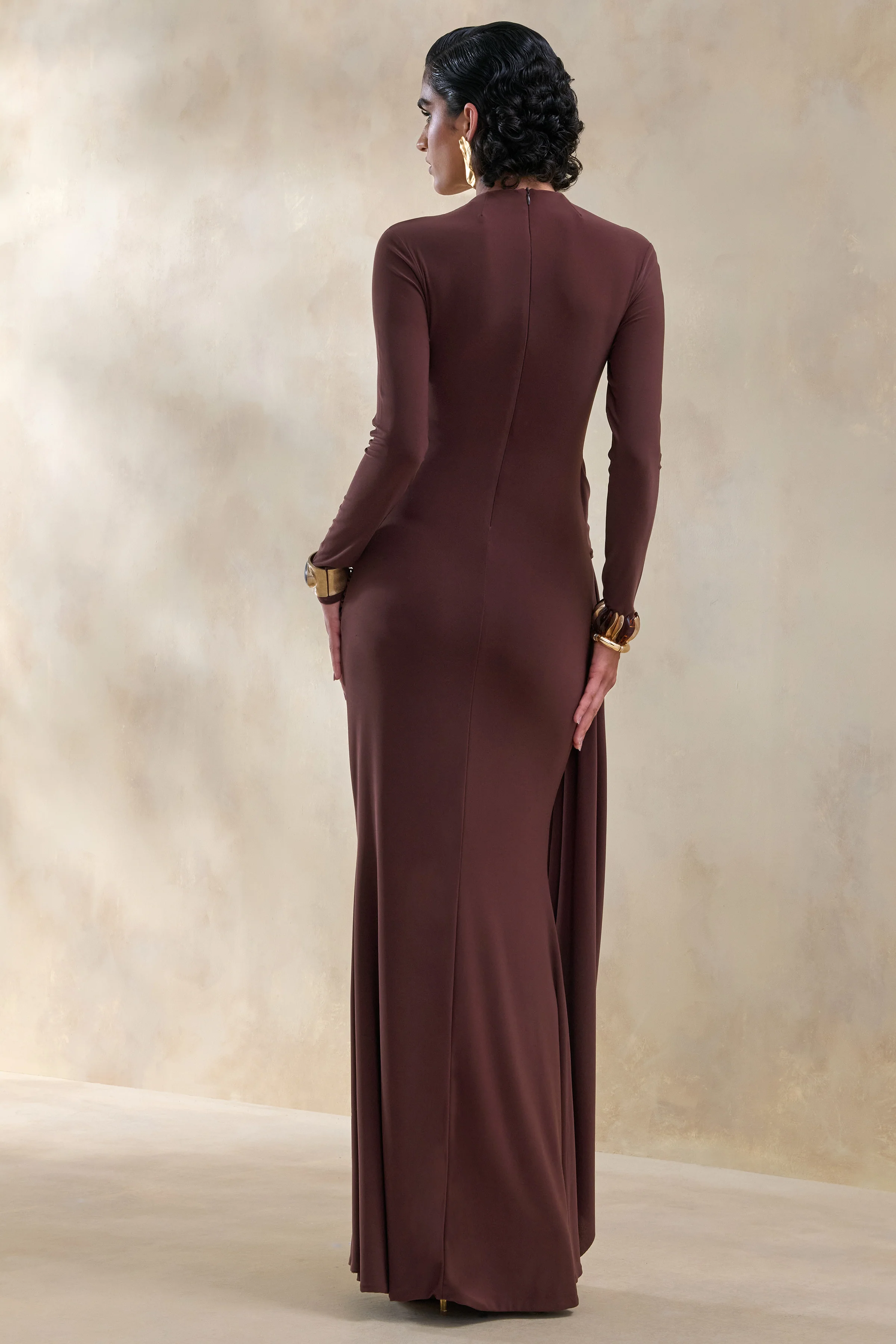 Kyrissa | Brown High-Neck Maxi Dress With Gathered-Detailing - Image 2