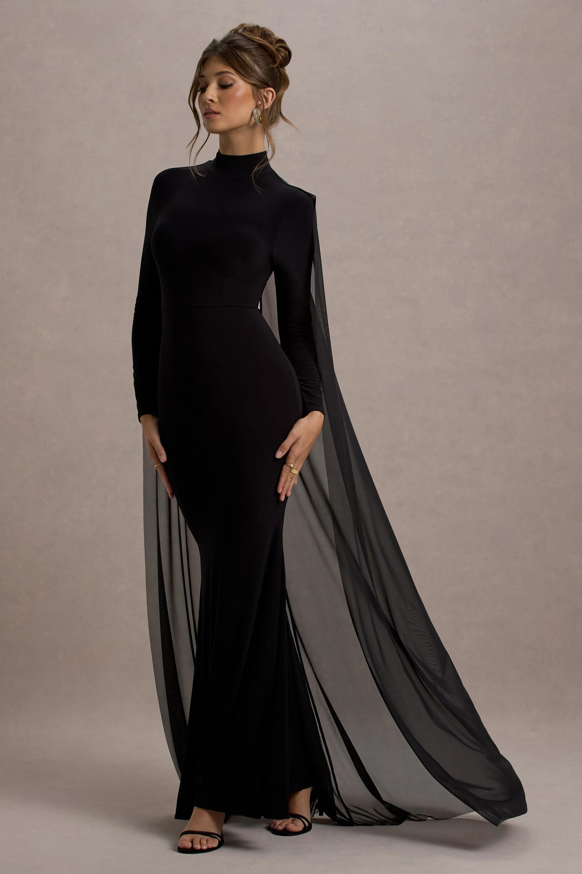 La Nuit | Black High-Neck Long-Sleeve Maxi Dress With Cape - Image 3