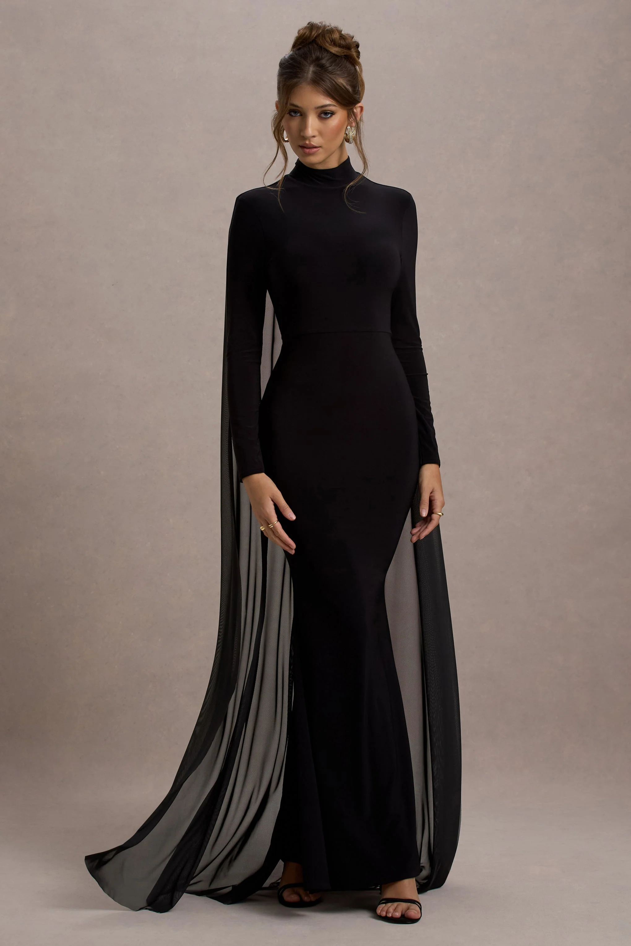 La Nuit | Black High-Neck Long-Sleeve Maxi Dress With Cape - Image 4
