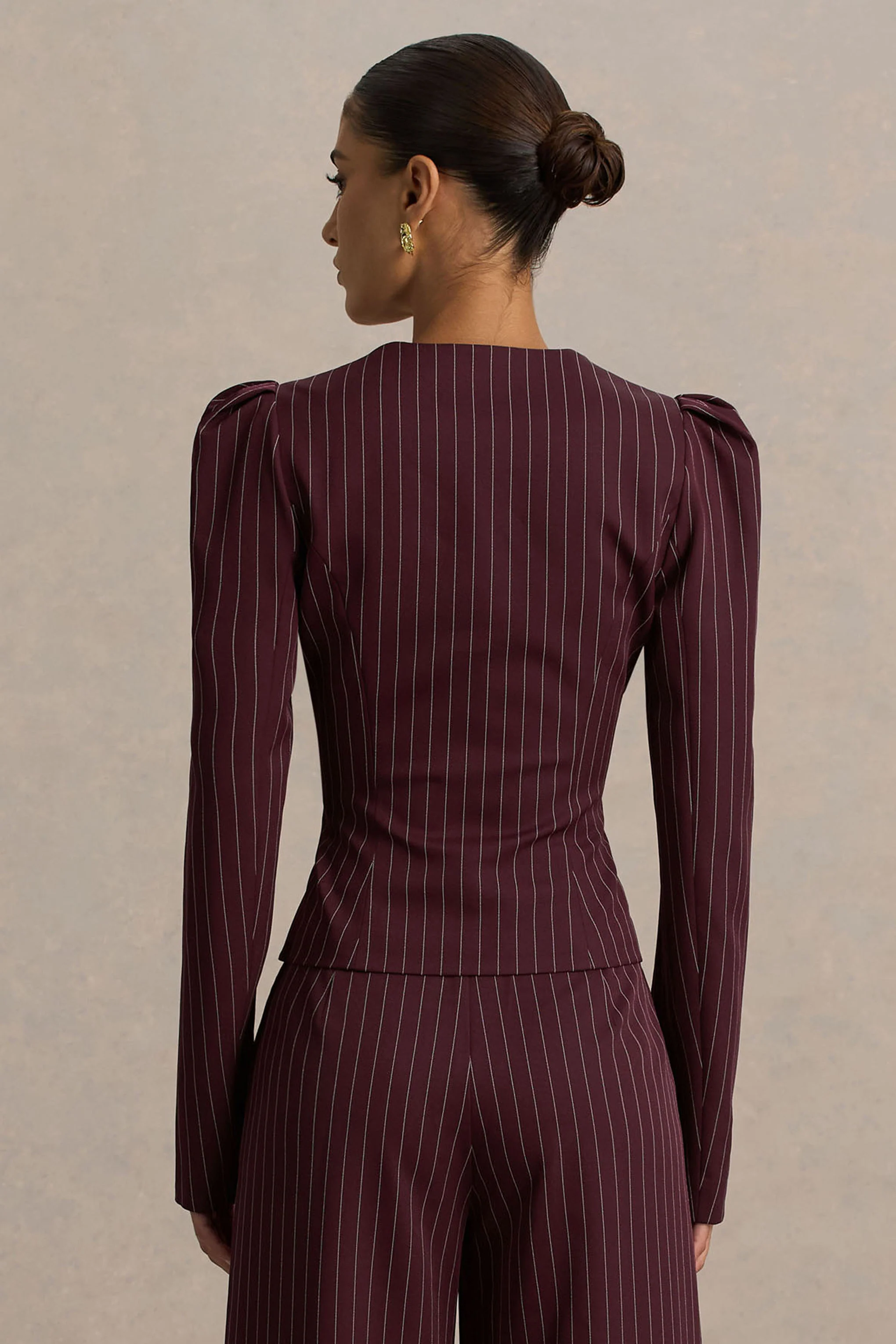 Lana | Burgundy Pinstripe Woven Sweetheart-Neck Tailored Top - Image 2