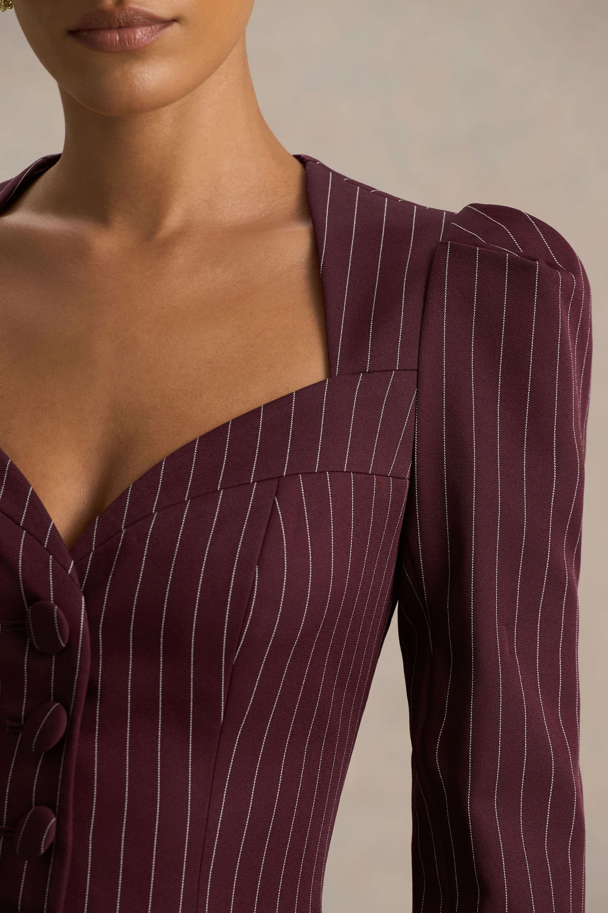Lana | Burgundy Pinstripe Woven Sweetheart-Neck Tailored Top - Image 3