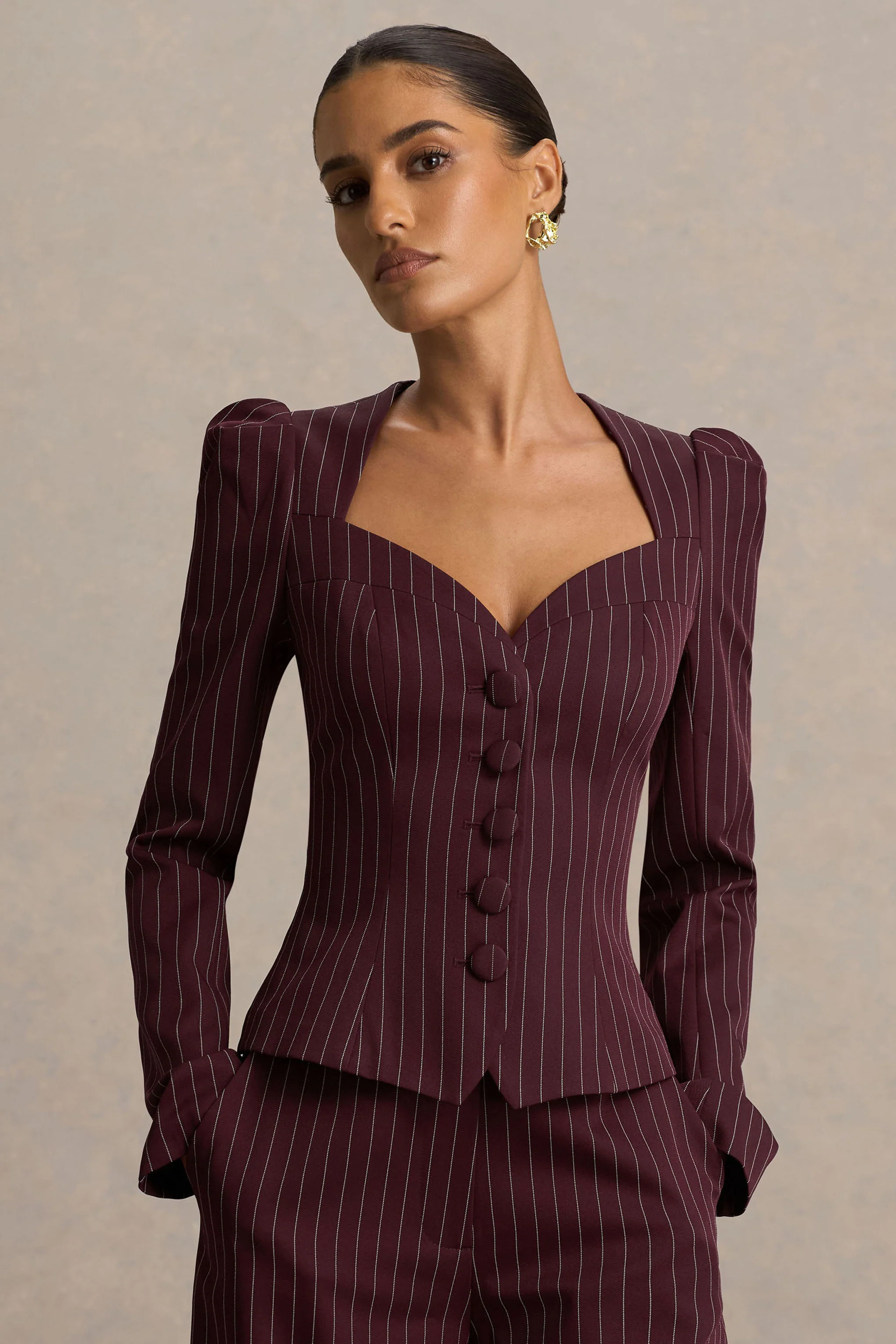 Lana | Burgundy Pinstripe Woven Sweetheart-Neck Tailored Top - Image 4