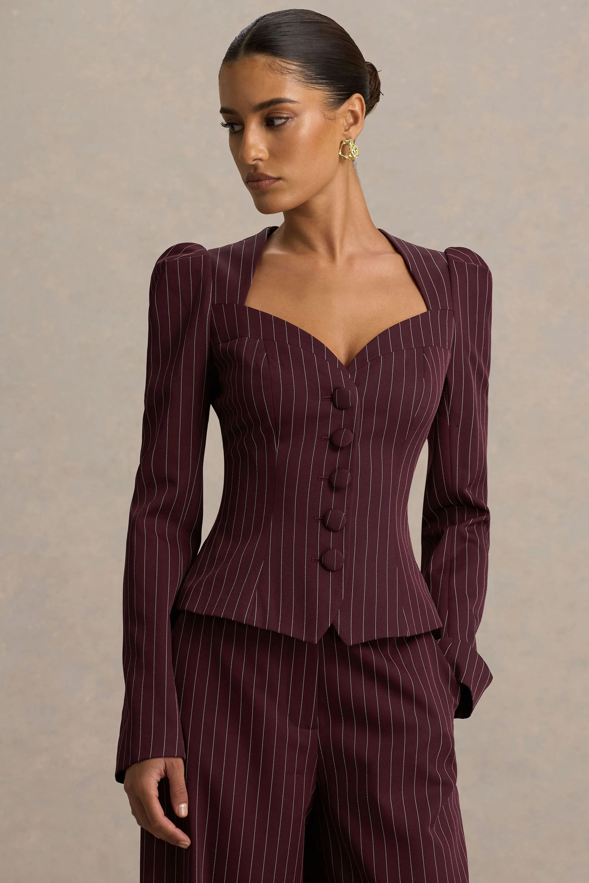 Lana | Burgundy Pinstripe Woven Sweetheart-Neck Tailored Top - Image 5