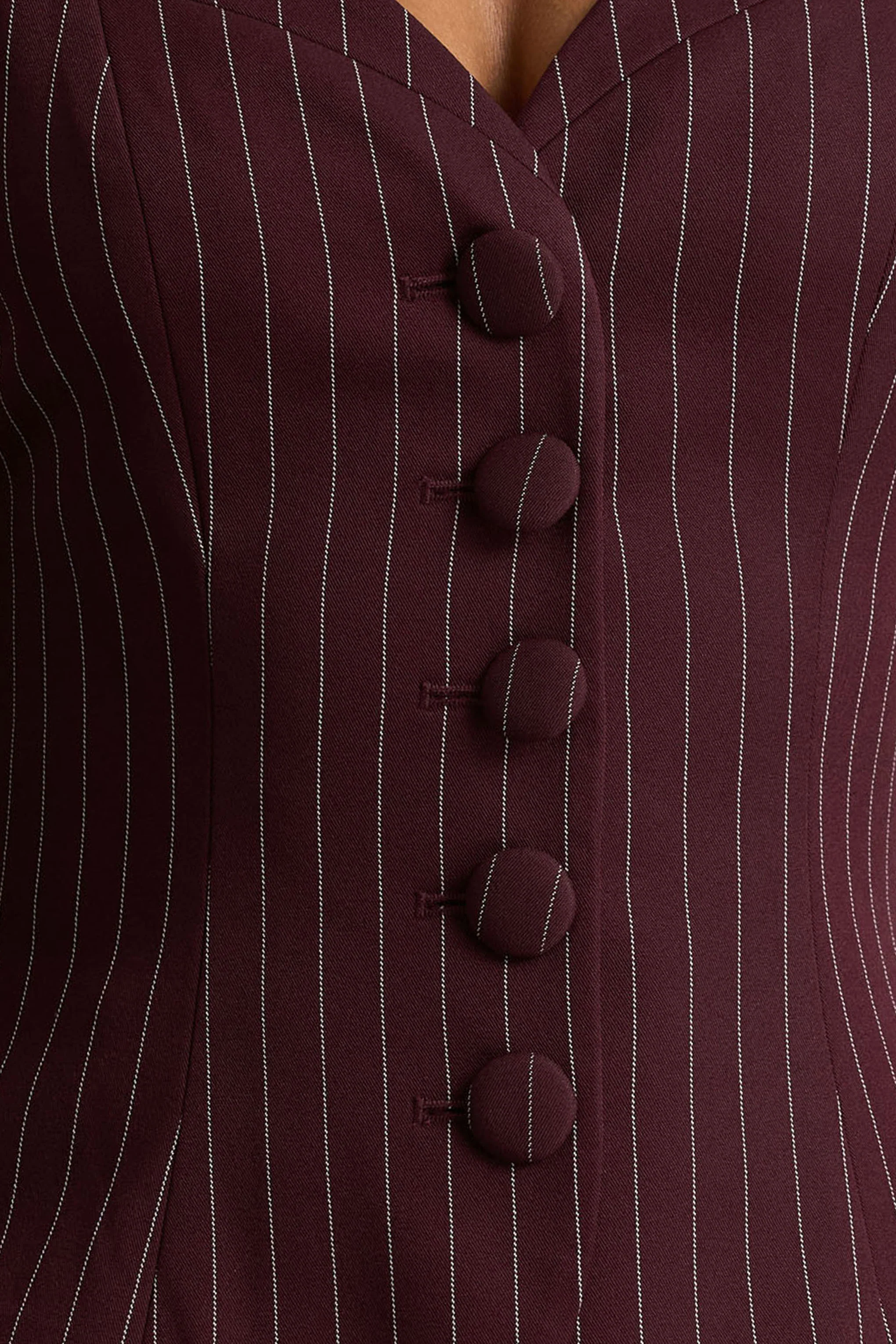 Lana | Burgundy Pinstripe Woven Sweetheart-Neck Tailored Top - Image 6