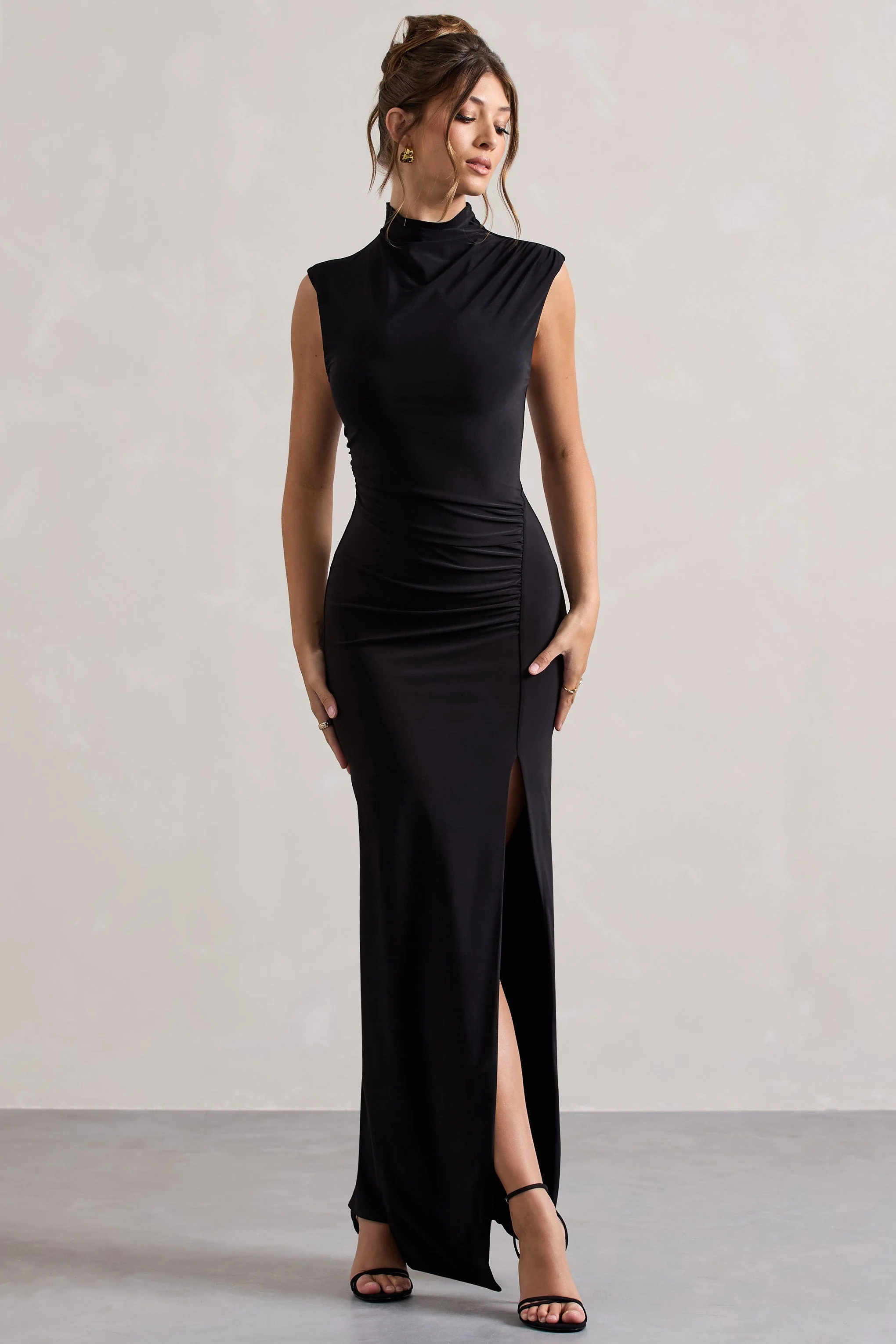 Lanetta | Black Ruched High-Neck Maxi Dress With Split - Image 4