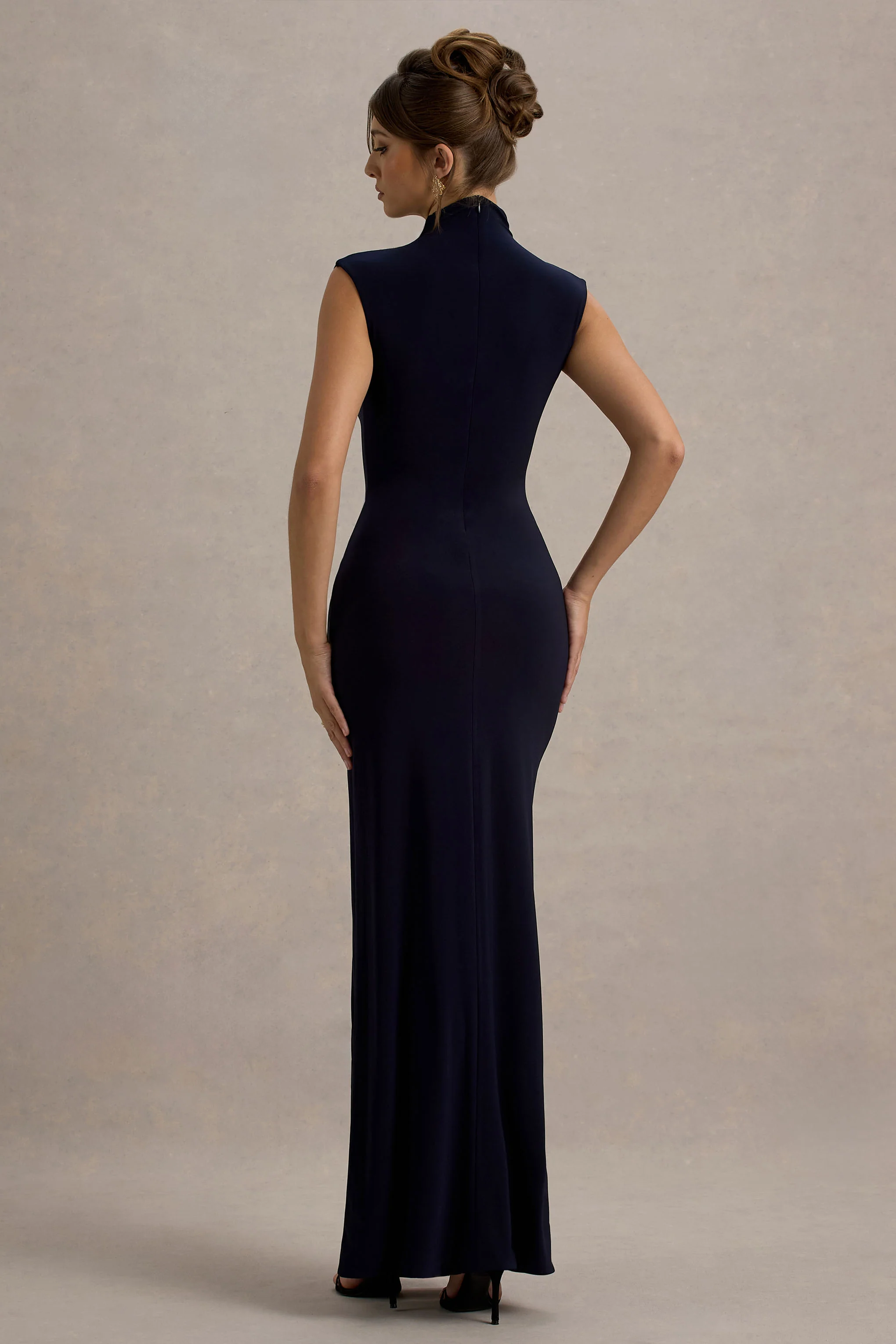 Lanetta | Navy Ruched High-Neck Maxi Dress With Split - Image 2