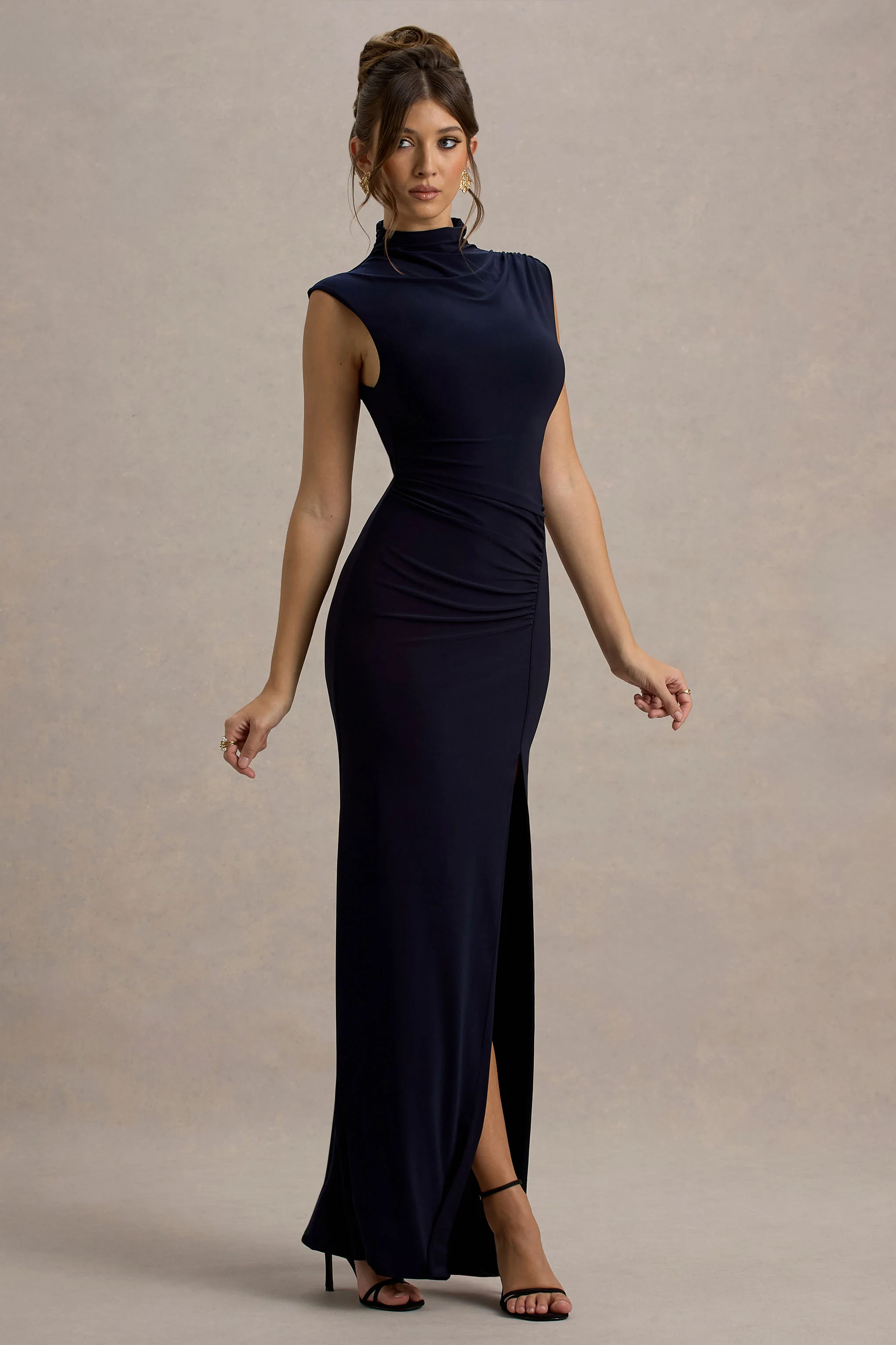 Lanetta | Navy Ruched High-Neck Maxi Dress With Split - Image 4