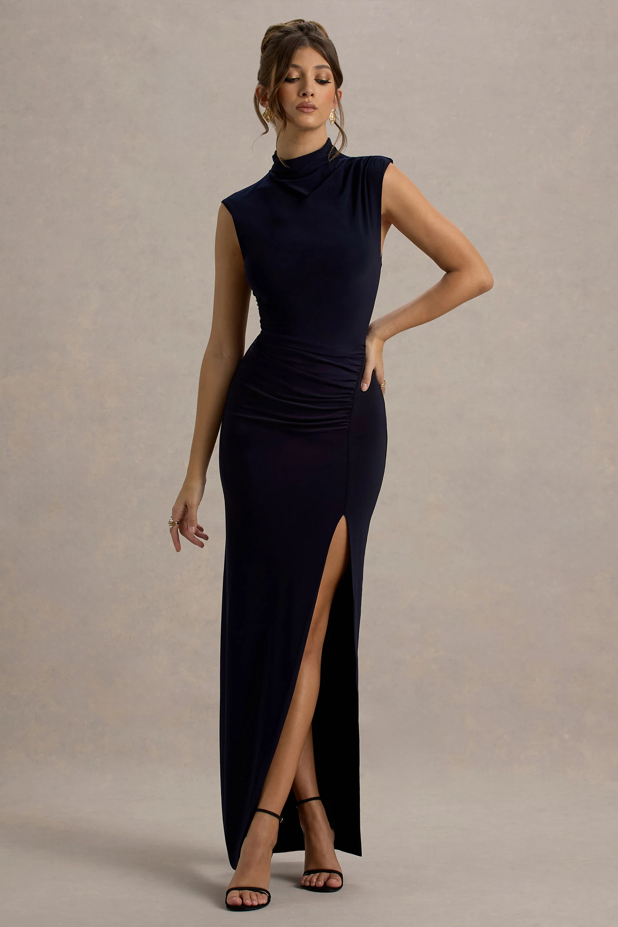 Lanetta | Navy Ruched High-Neck Maxi Dress With Split - Image 5