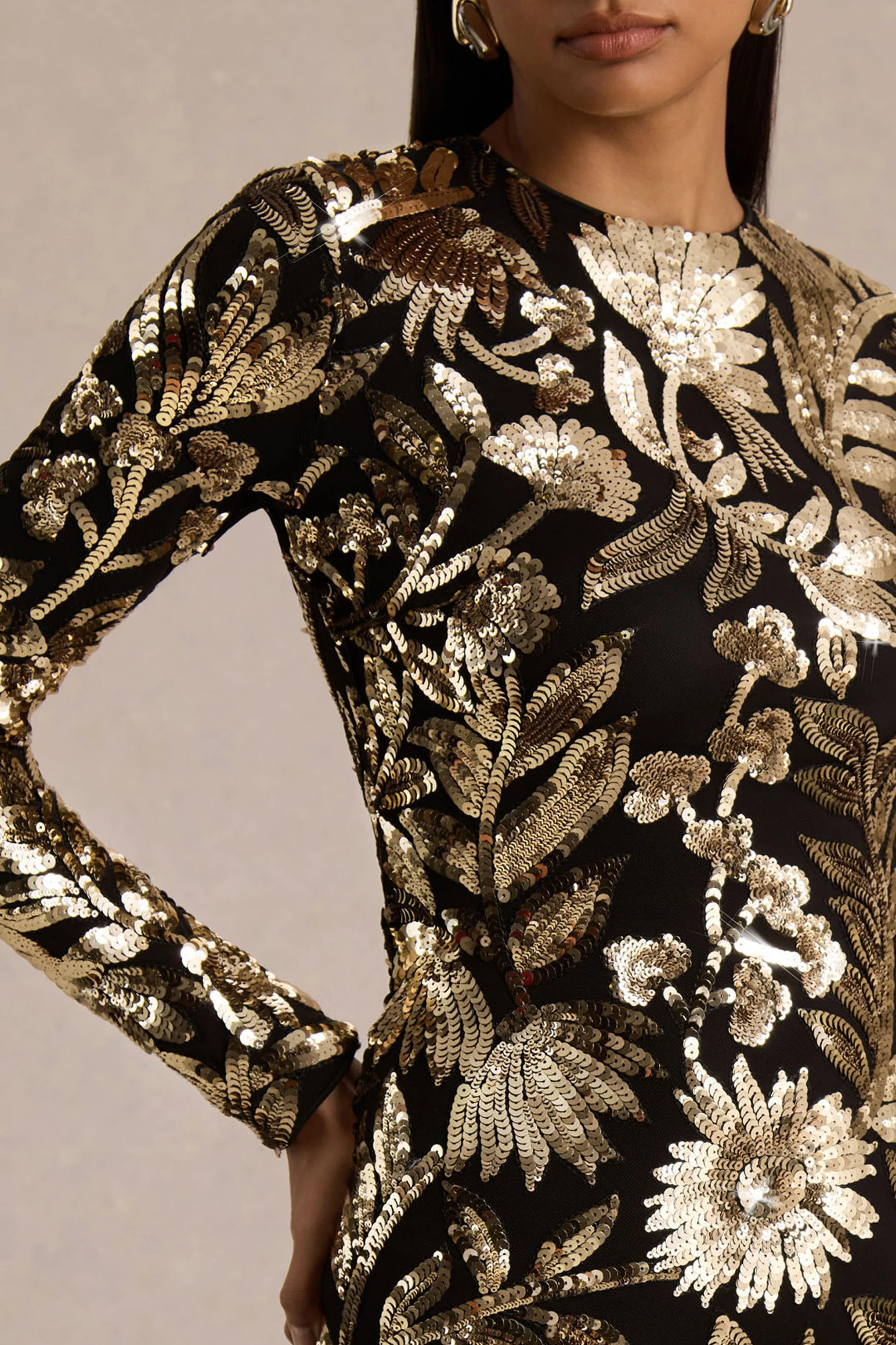 Lara | Black Velvet And Gold Embellished Sequin High-Neck Mini Dress With Feather Trim - Image 3