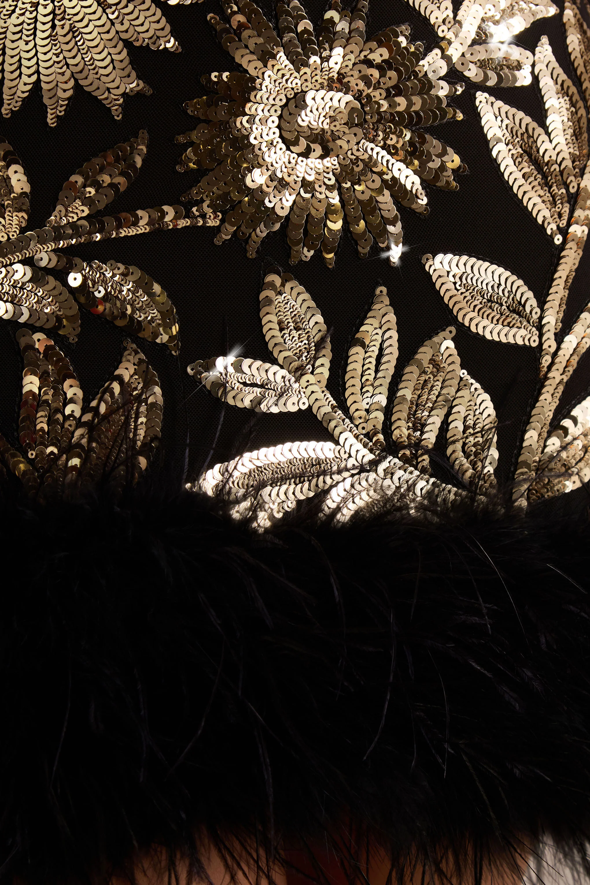 Lara | Black Velvet And Gold Embellished Sequin High-Neck Mini Dress With Feather Trim - Image 6