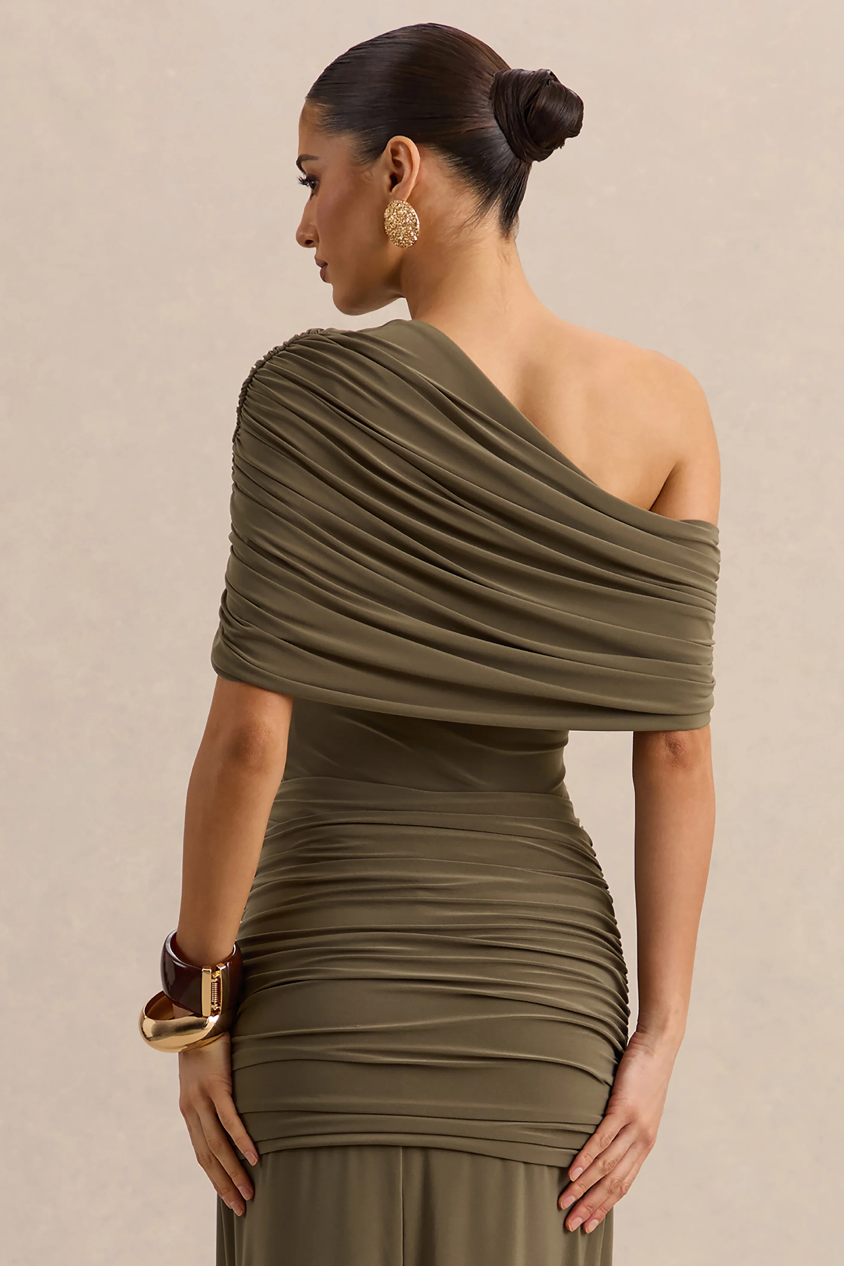Larelle | Khaki Asymmetric-Neck Thong Bodysuit With Ruched-Detailing - Image 2