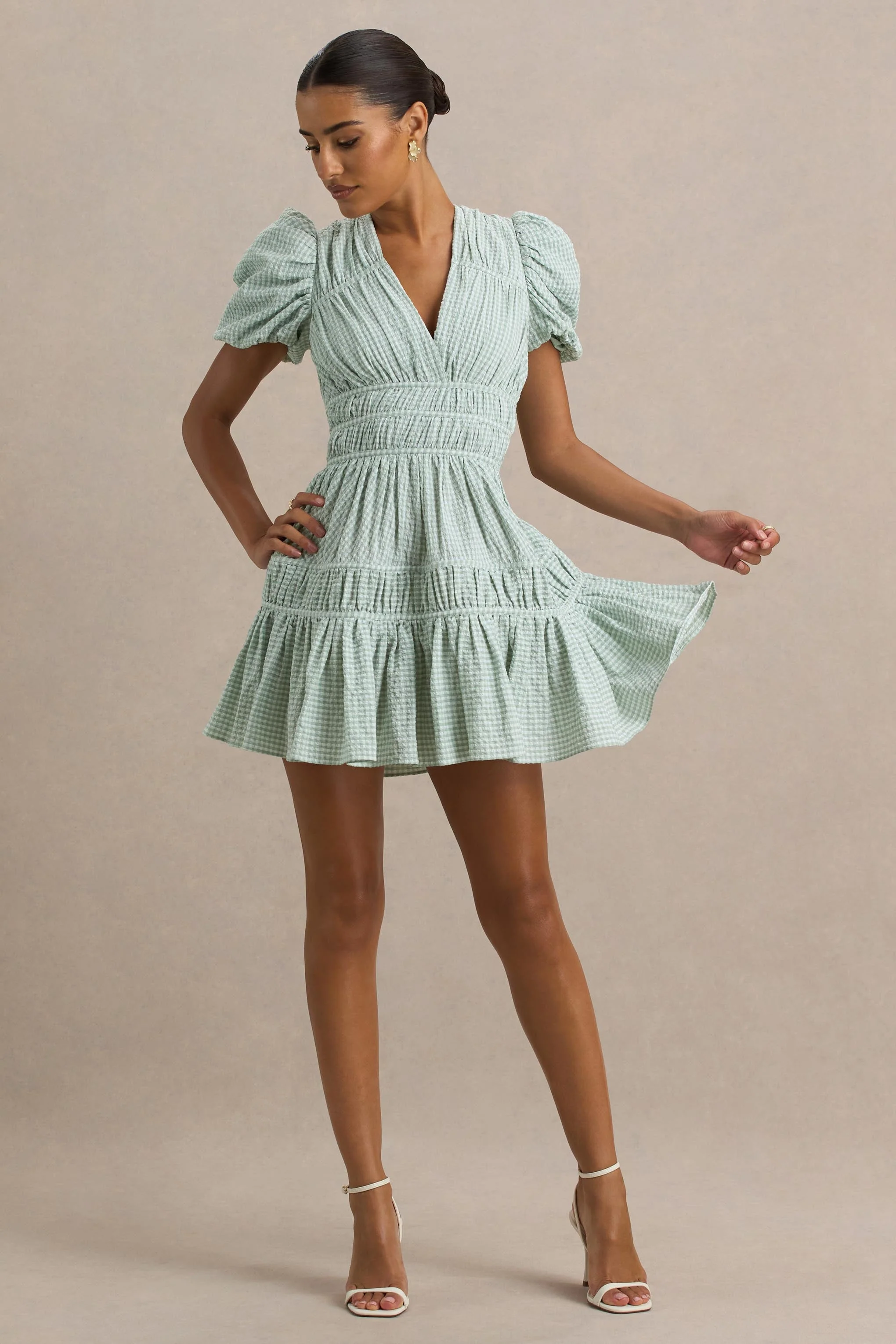 Laurelle | Green Extreme Plunge-Neck Mini Dress With Ruffling Detail - Image 3