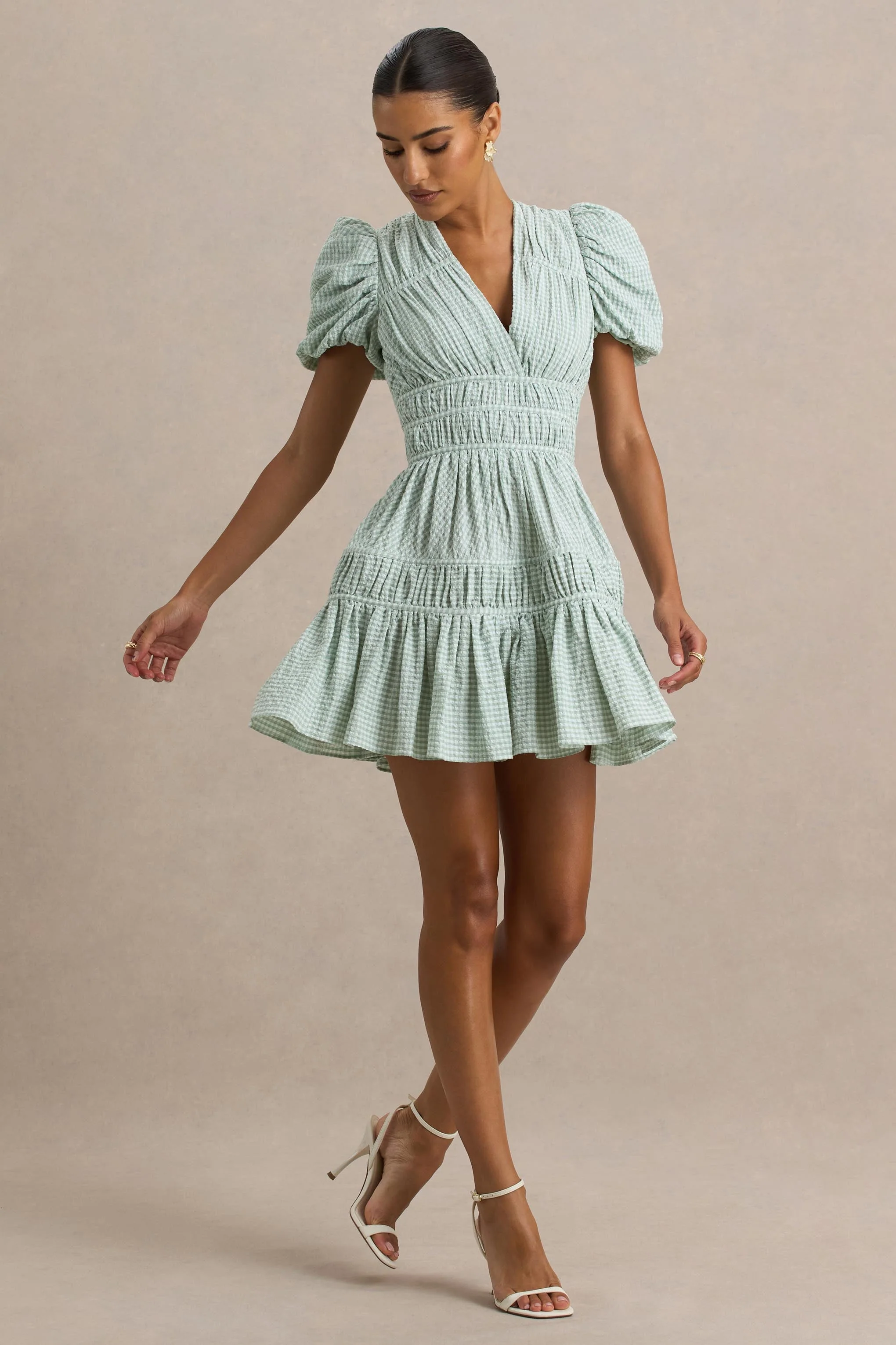 Laurelle | Green Extreme Plunge-Neck Mini Dress With Ruffling Detail - Image 4