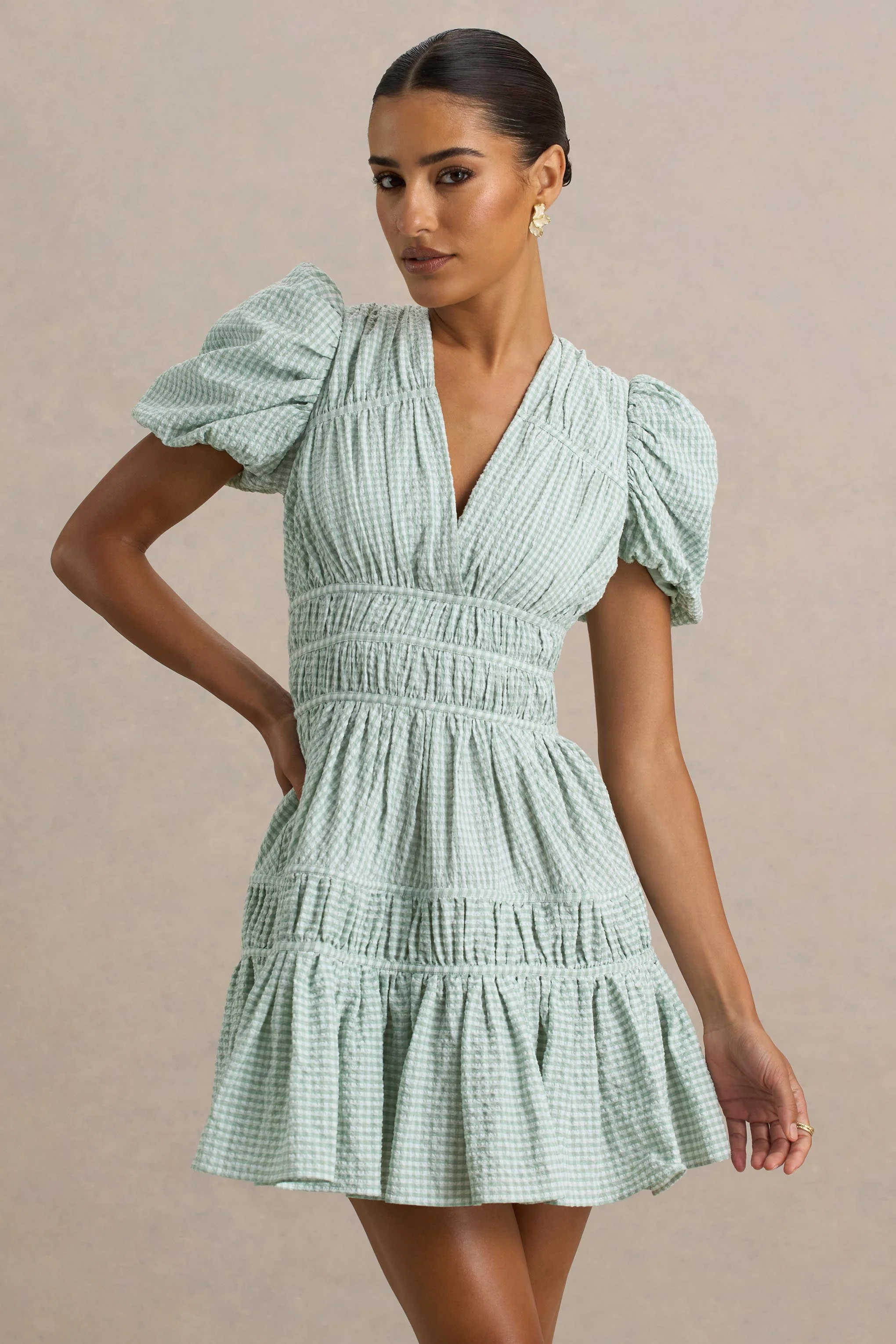 Laurelle | Green Extreme Plunge-Neck Mini Dress With Ruffling Detail - Image 5