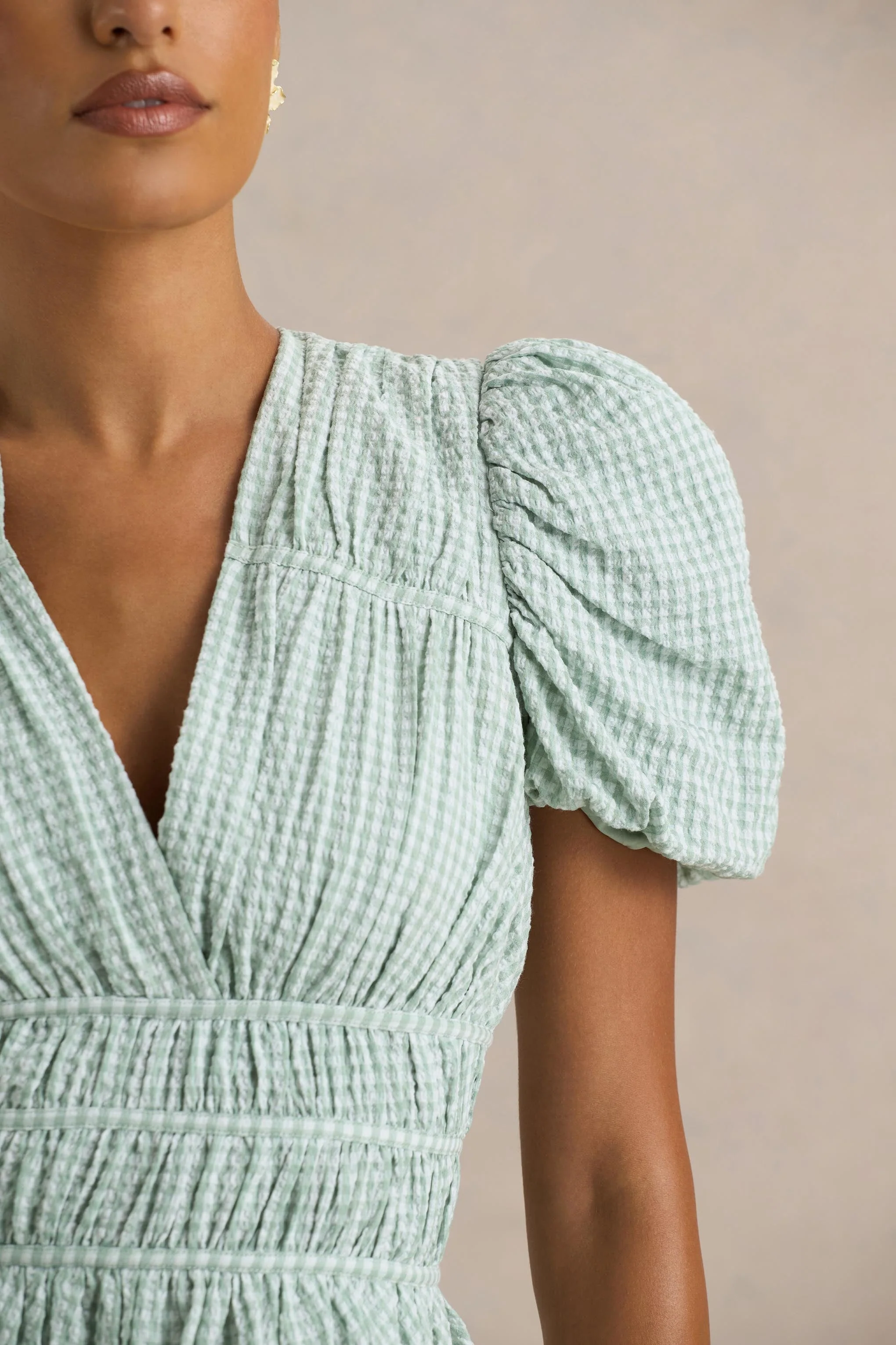 Laurelle | Green Extreme Plunge-Neck Mini Dress With Ruffling Detail - Image 6