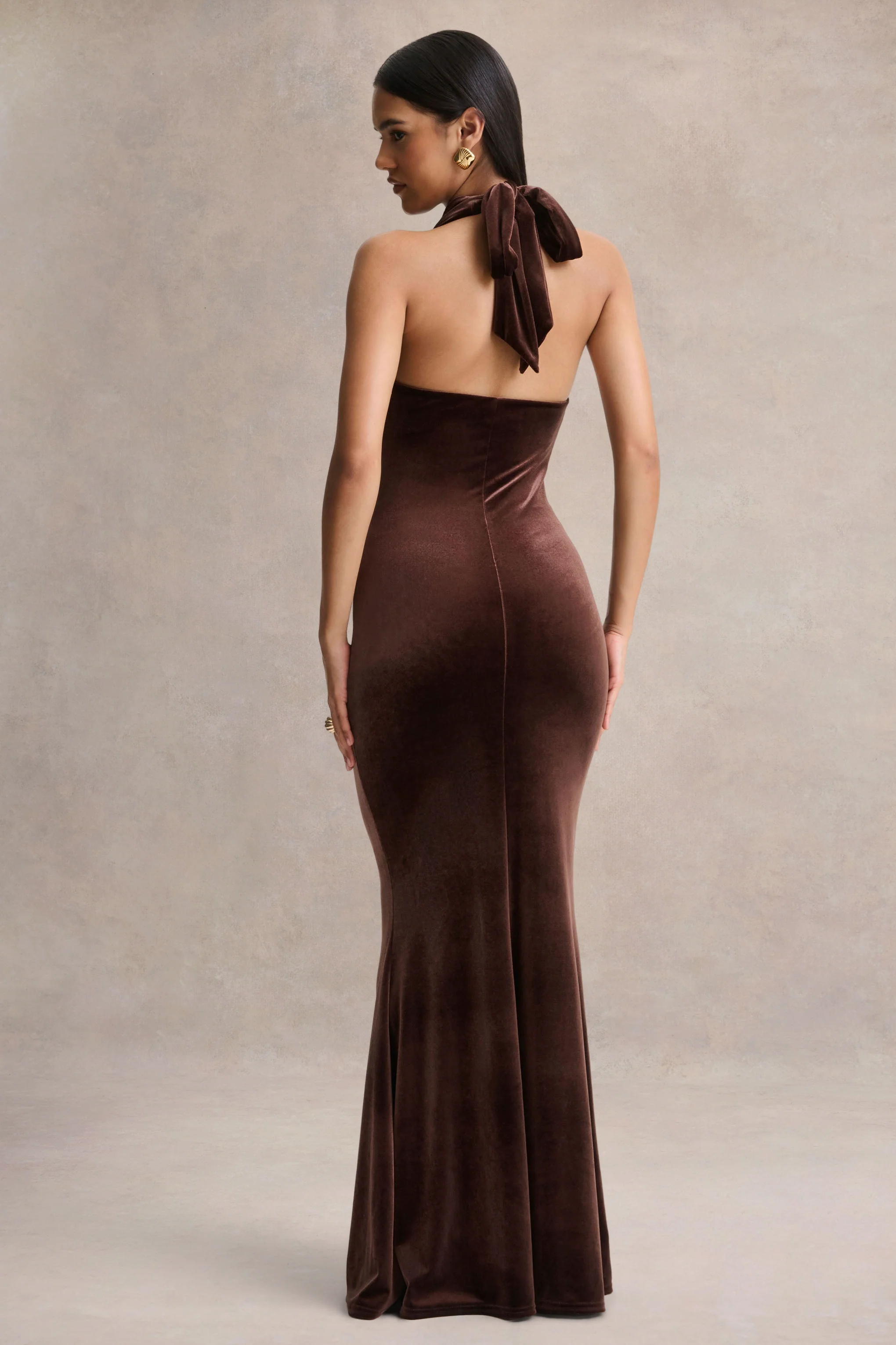 Lavernia | Brown Velvet Halter-Neck Maxi Dress With Gathered-Detailing - Image 2