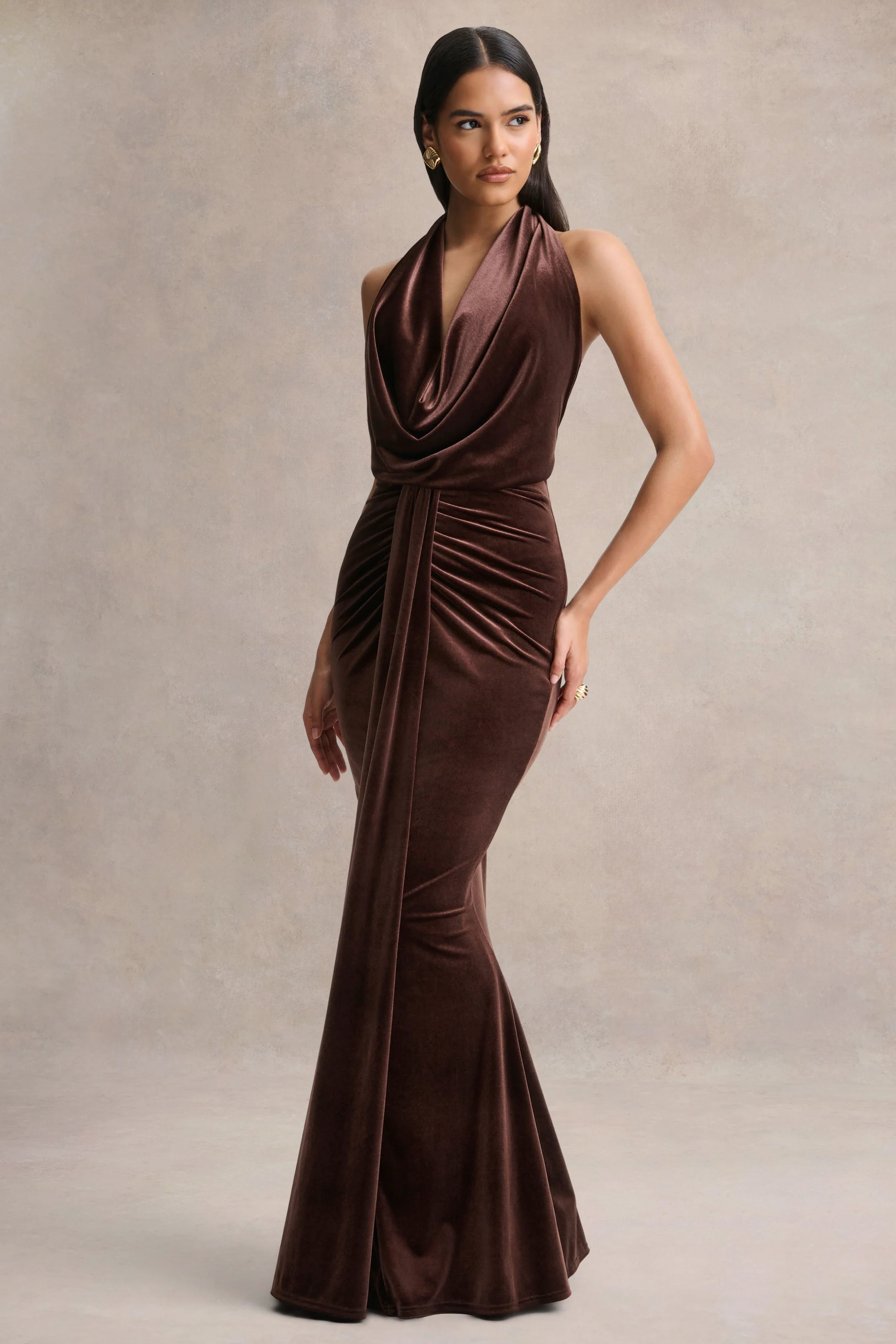 Lavernia | Brown Velvet Halter-Neck Maxi Dress With Gathered-Detailing - Image 5