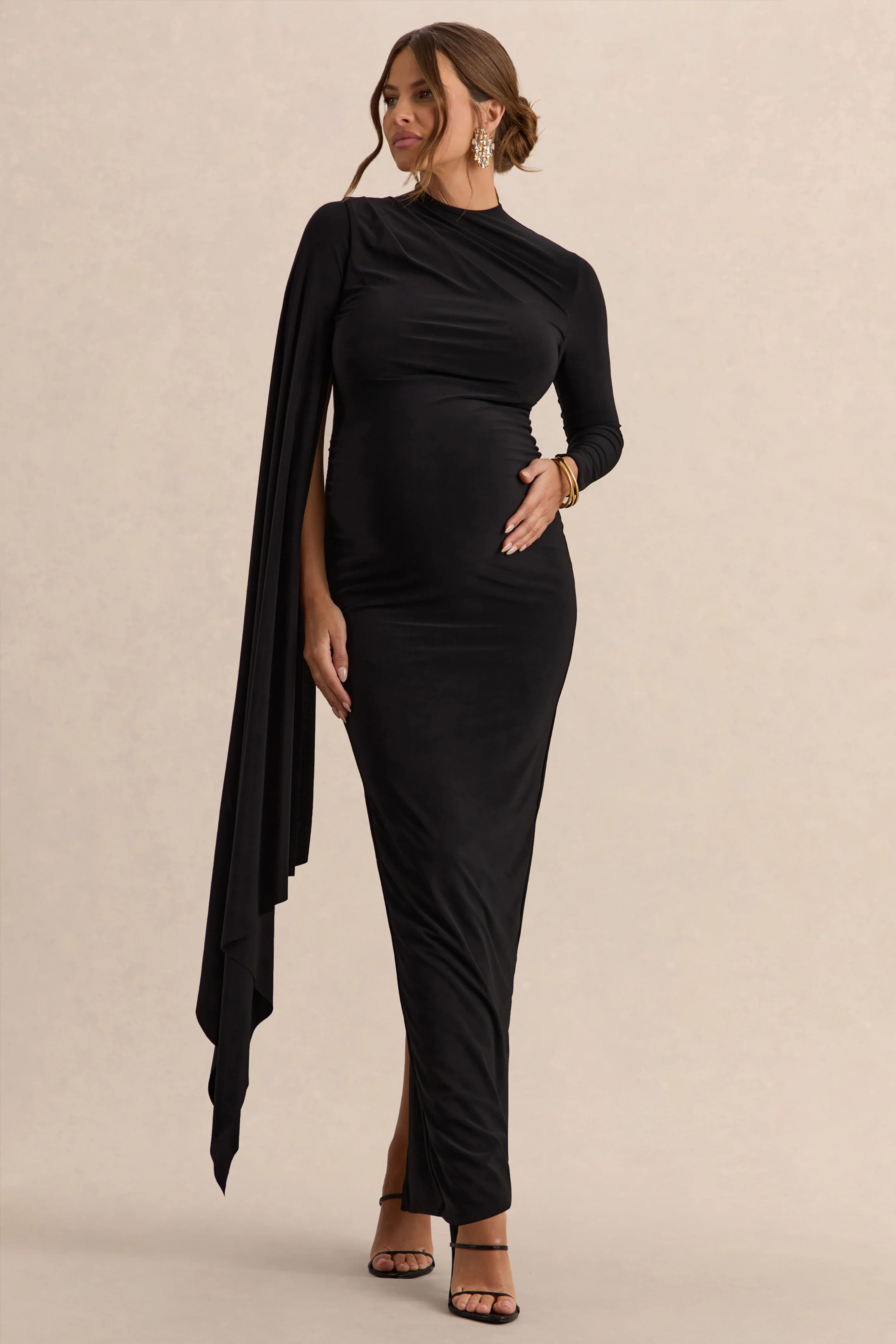 Lavinia | Black High-Neck Maternity Maxi Dress With Cape-Sleeve