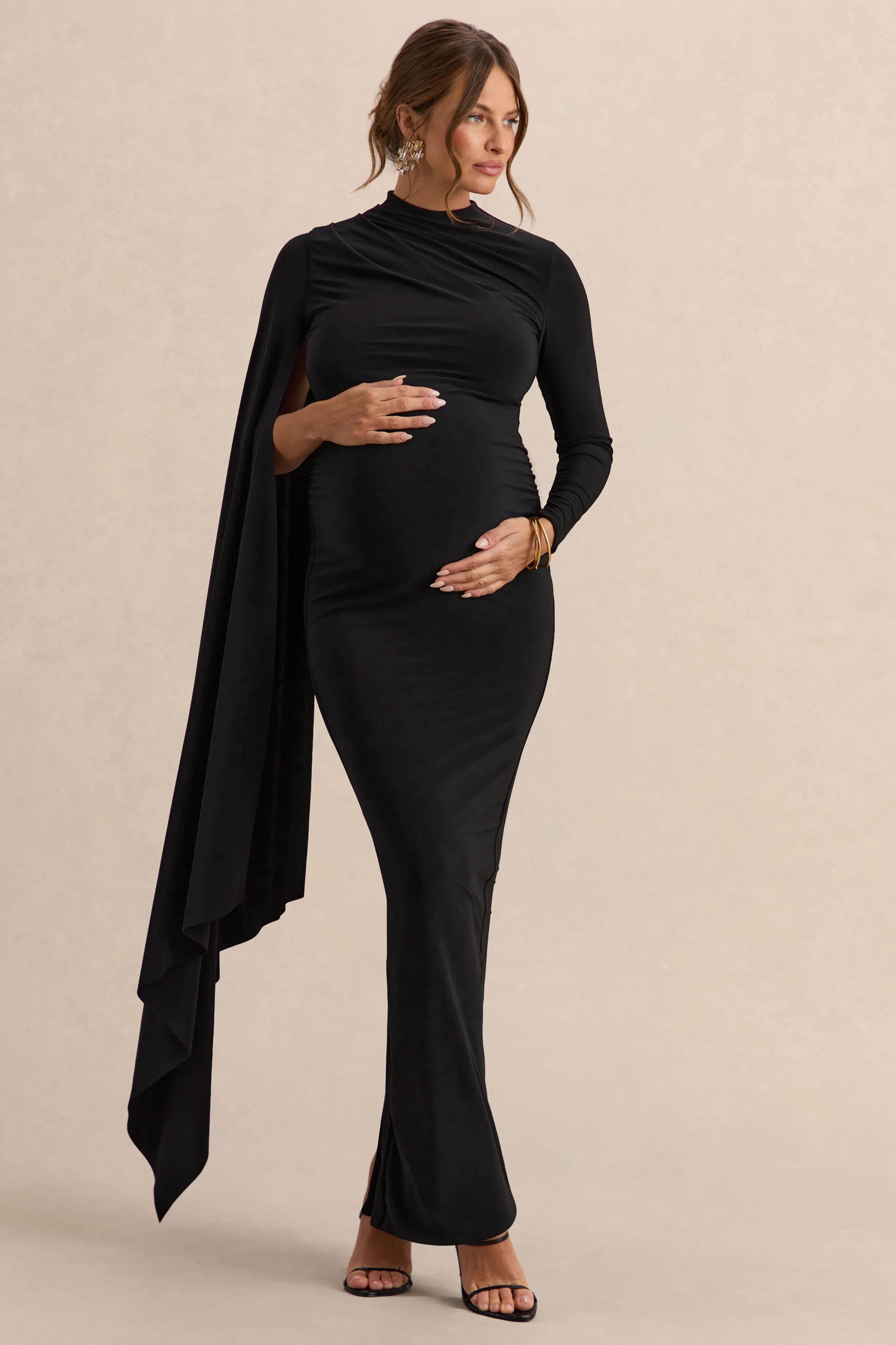 Lavinia | Black High-Neck Maternity Maxi Dress With Cape-Sleeve - Image 6