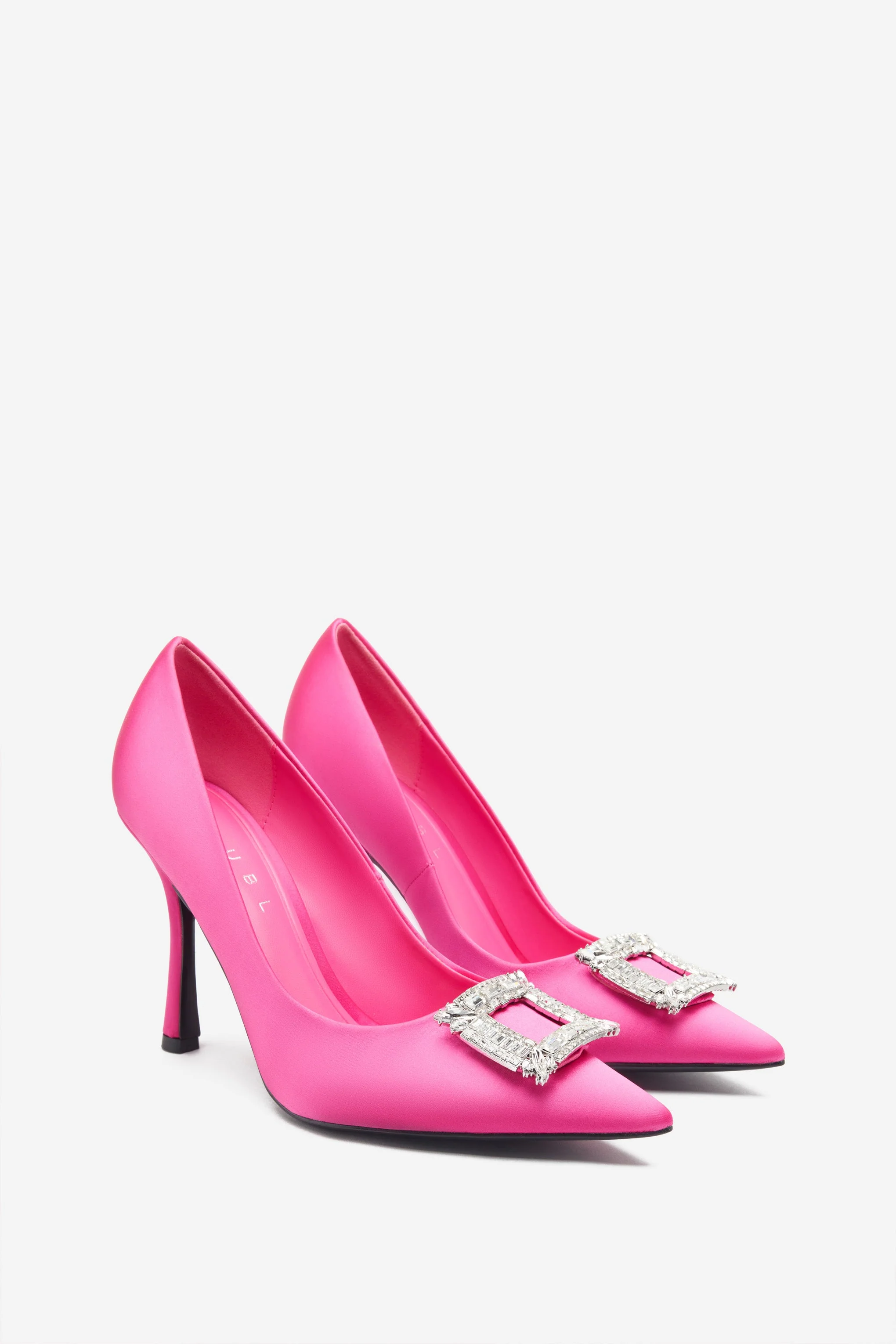 Lawless | Hot Pink Satin Pointed Court Heels With Diamante Brooches - Image 2