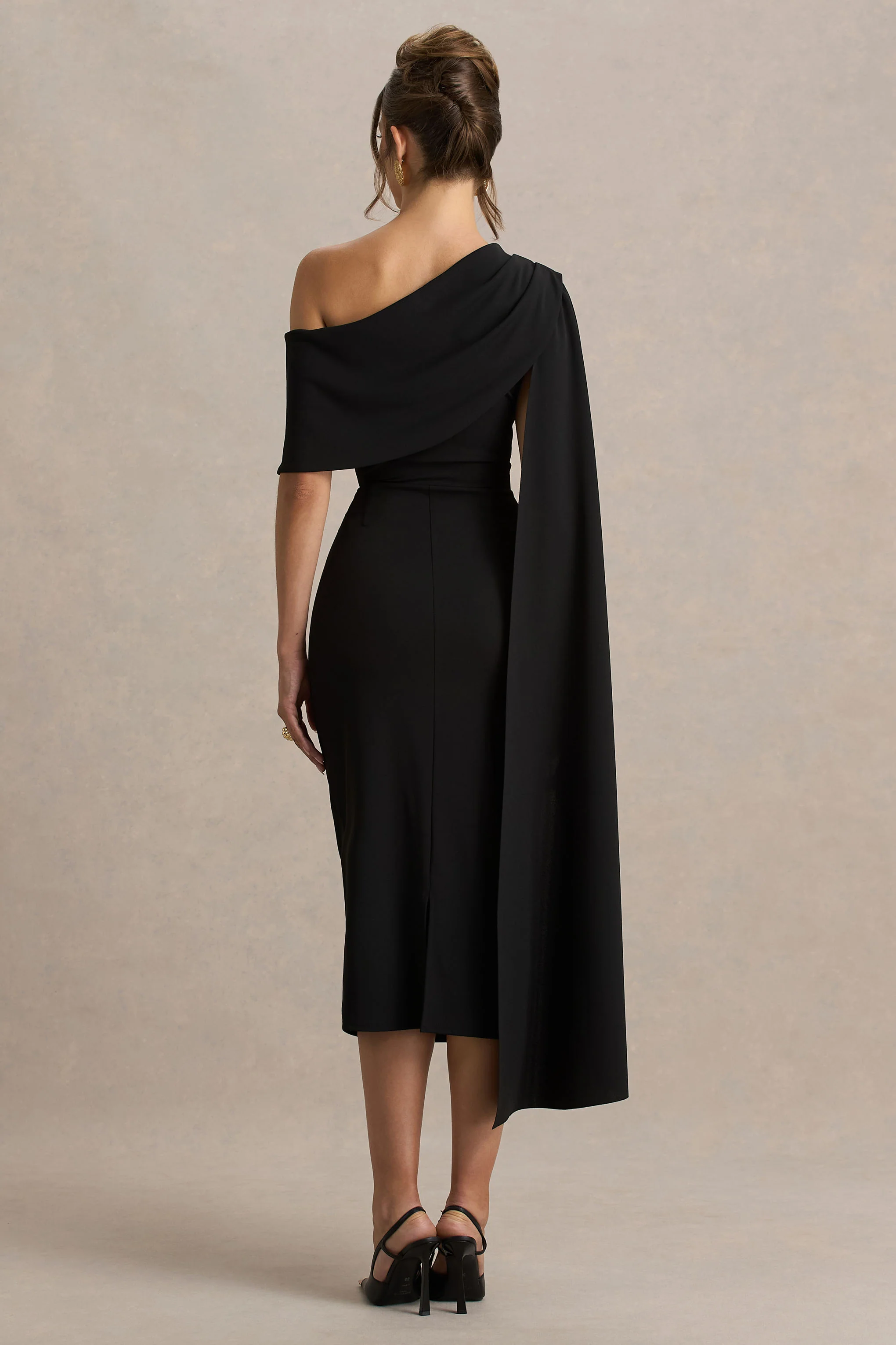 Leah | Black Asymmetric-Neck Midi Dress With Cape-Sleeve - Image 2