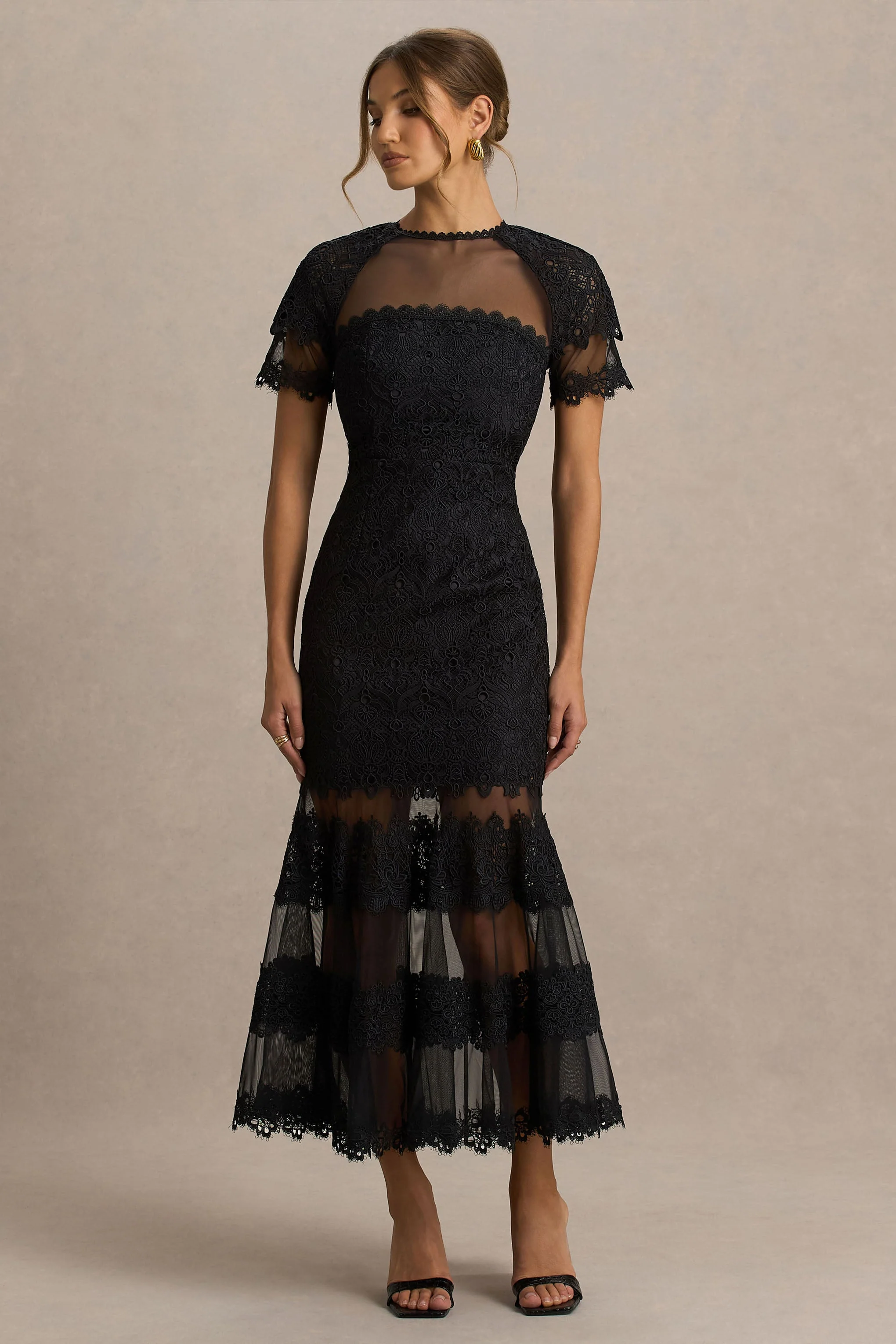 Leanne | Black Mesh And Lace Crew-Neck Fishtail Midi Dress - Image 4